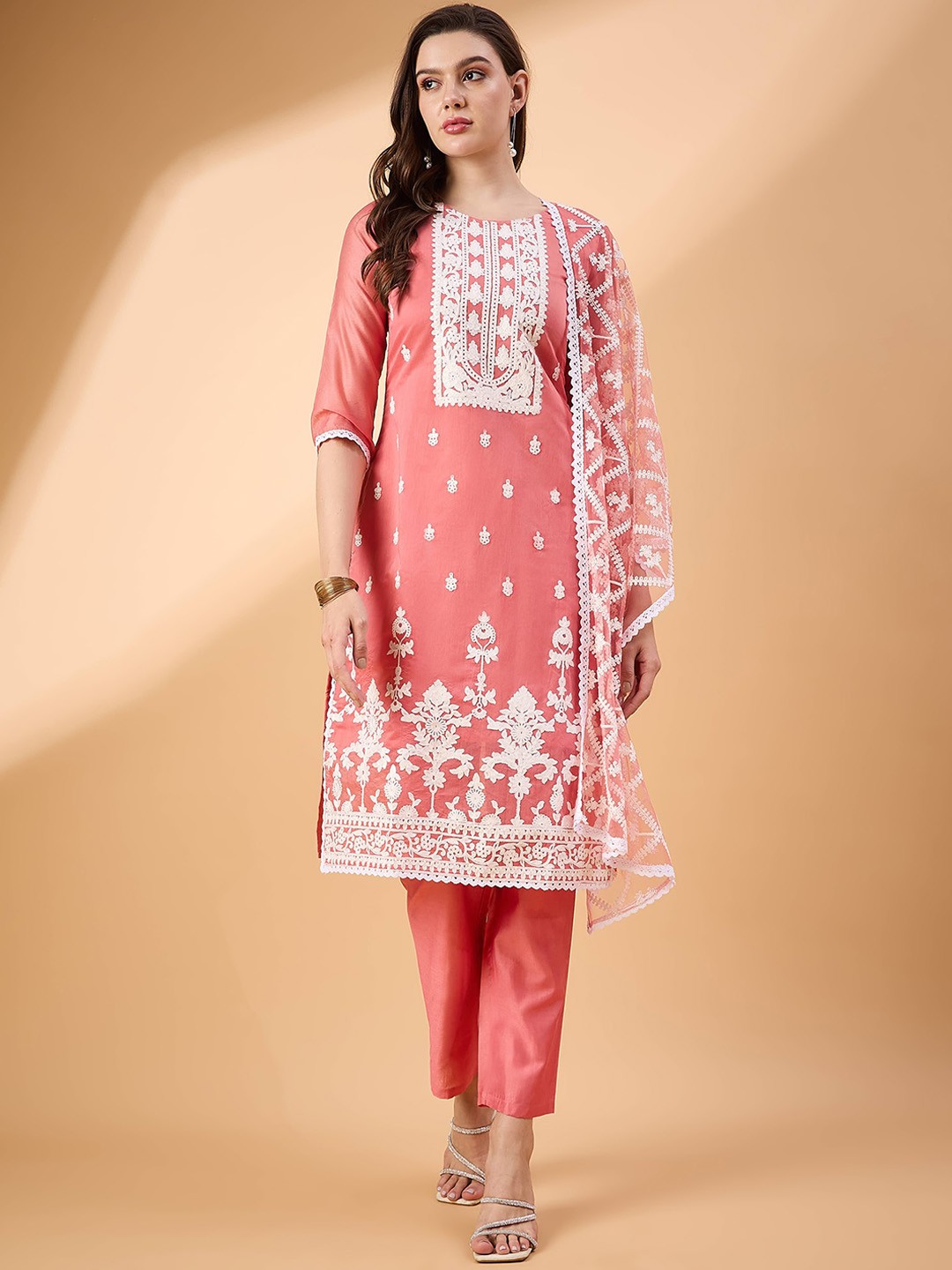

all about you Floral Embroidered Round Neck Straight Kurta with Trousers & Dupatta, Peach