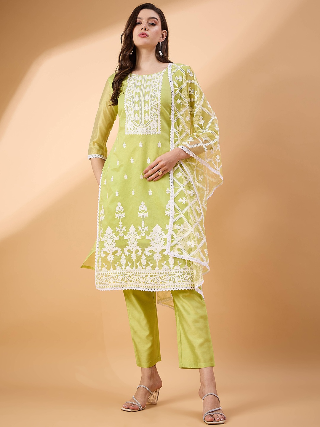 

all about you Floral Embroidered Round Neck Kurta with Trousers & Dupatta, Green