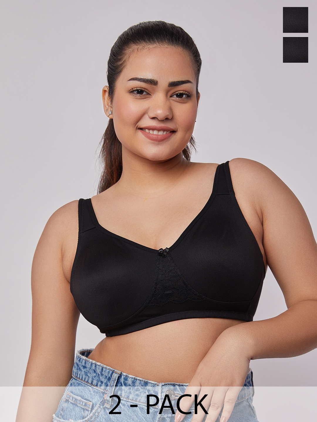 

MAASHIE Pack of 2 Double Layered Concealed Cups Lace T-Shirt Bra BLK-BLK, Black