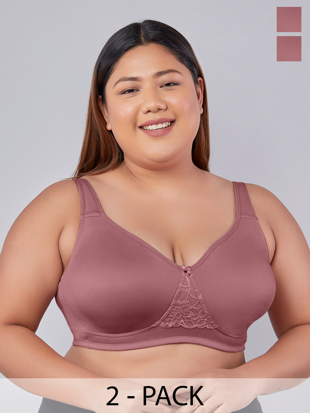 

MAASHIE Pack of 2 Double Layered Concealed Cups Lace T-Shirt Bra ON-ON, Pink