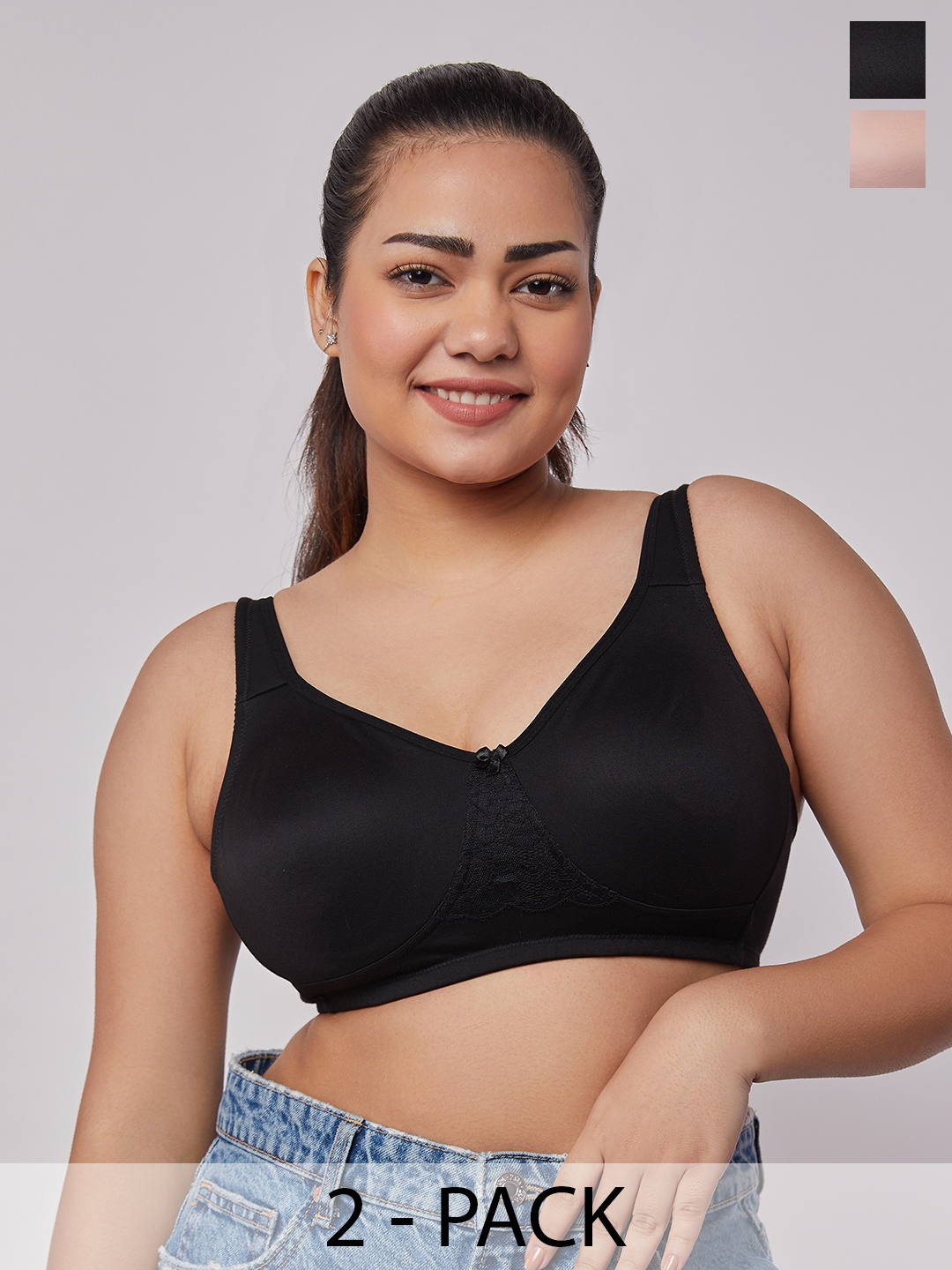 

MAASHIE Pack of 2 Double Layered Concealed Cups Lace T-Shirt Bra FWN-BLK, Beige