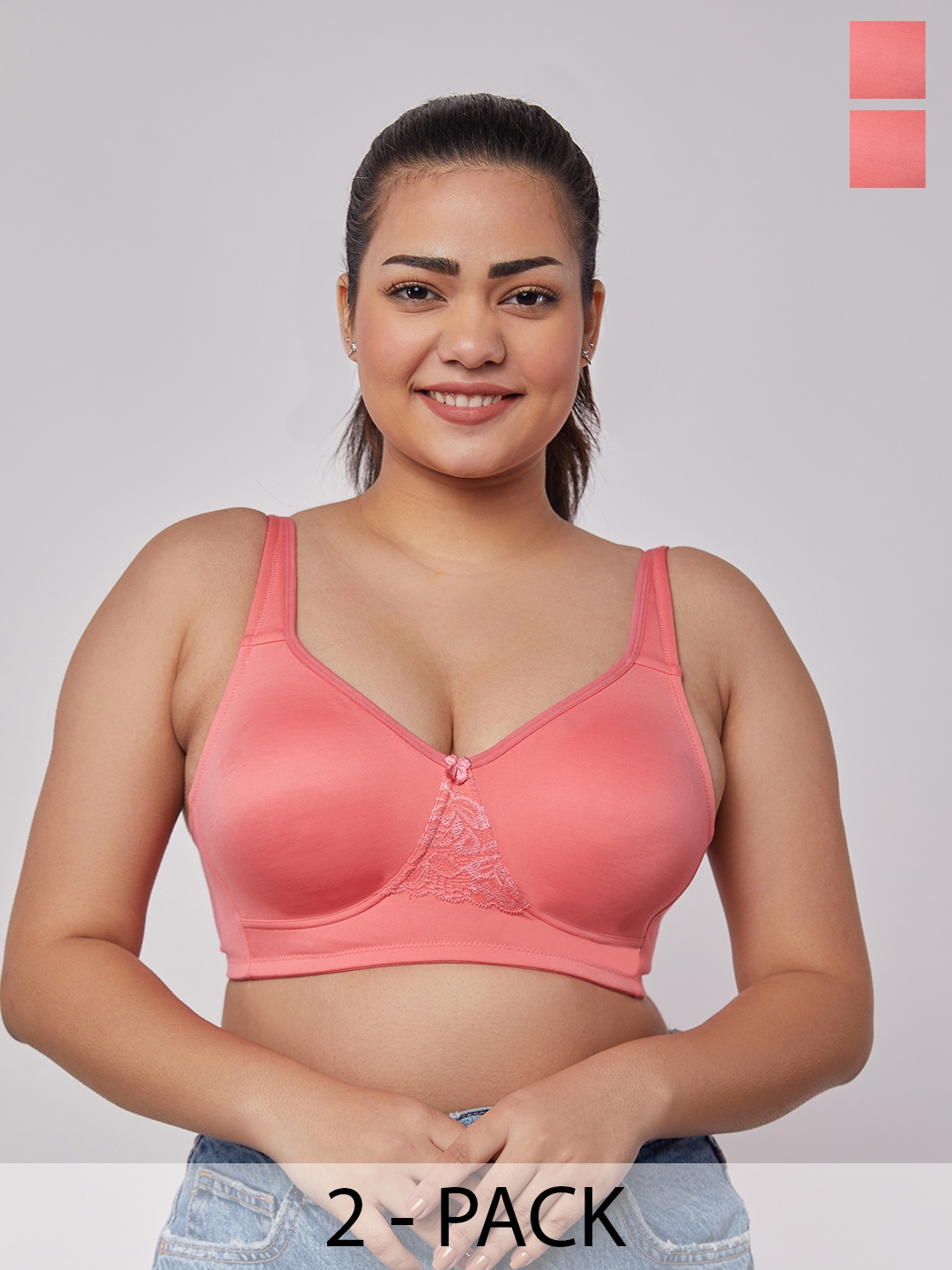 

MAASHIE Pack of 2 Double Layered Concealed Cups Lace T-Shirt Bra CRL-CRL, Coral