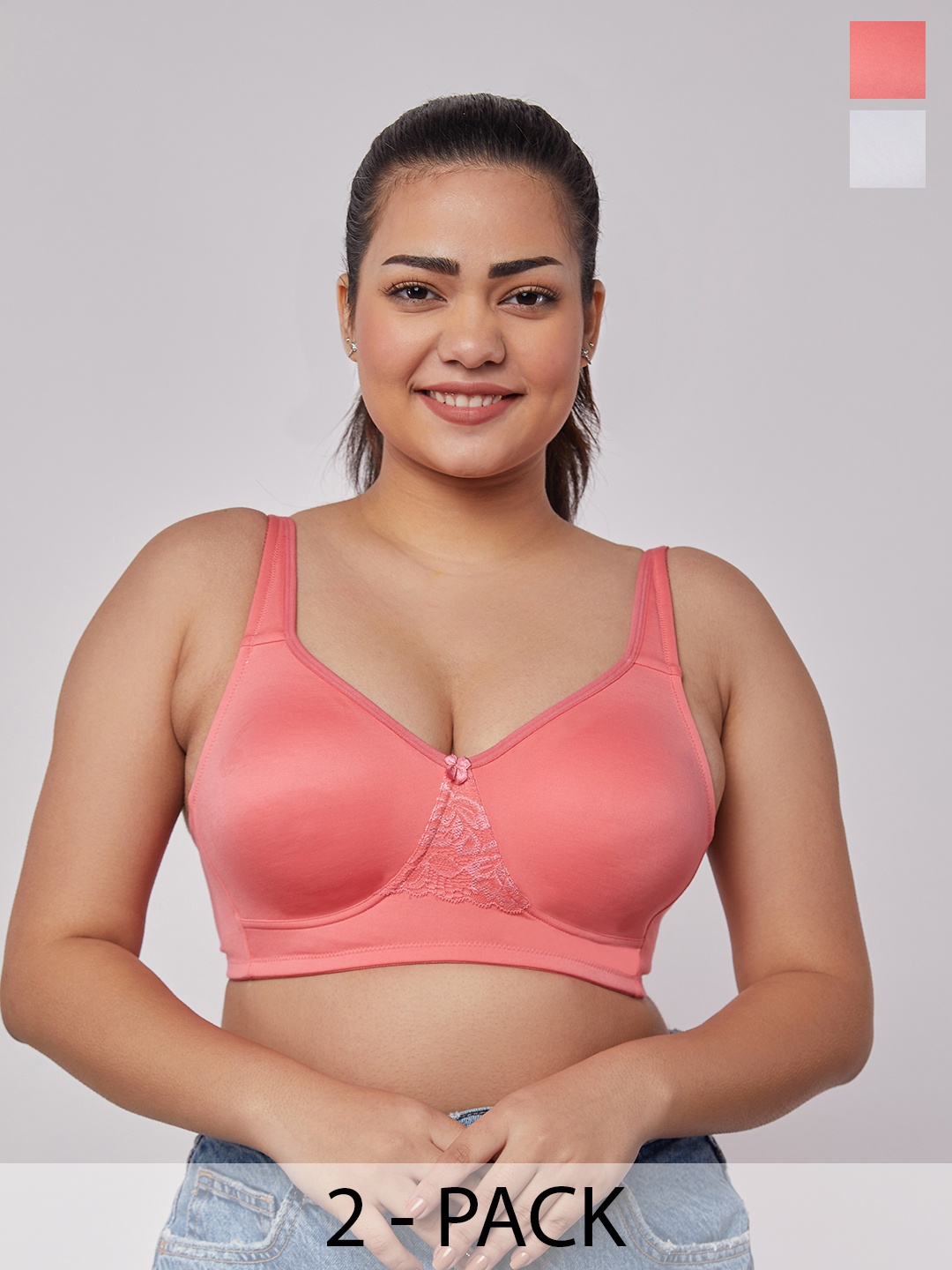 

MAASHIE Pack of 2 Double Layered Concealed Cups Lace T-Shirt Bra CRL-WH, Coral