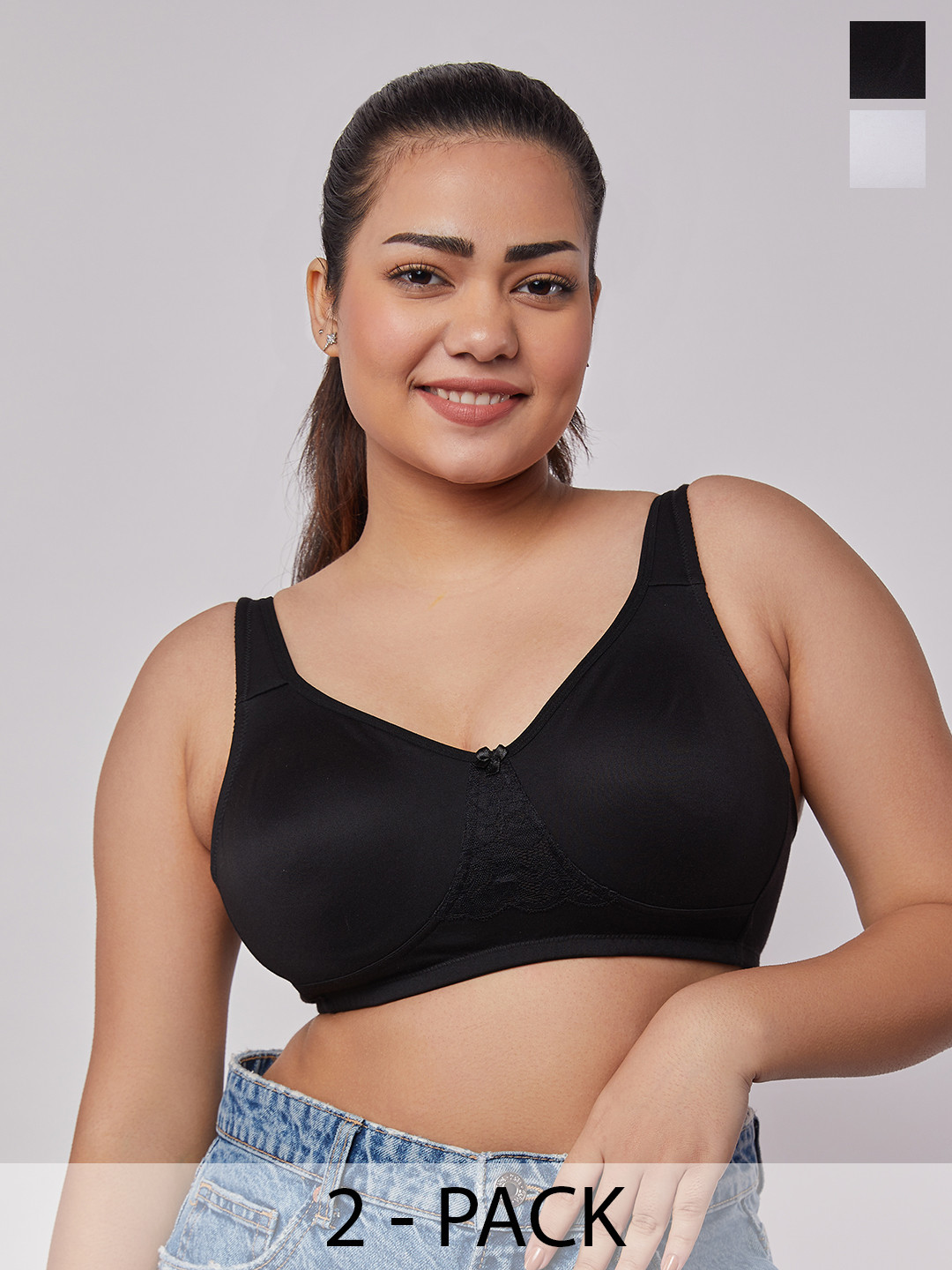 

MAASHIE Pack of 2 Double Layered Concealed Cups Lace T-Shirt Bra WH-BLK, White