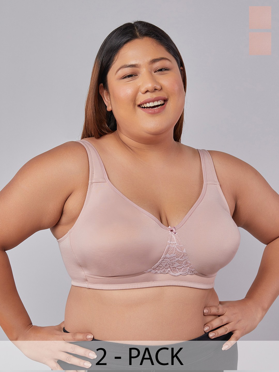 

MAASHIE Pack of 2 Double Layered Concealed Cups Lace T-Shirt Bra FWN-FWN, Beige