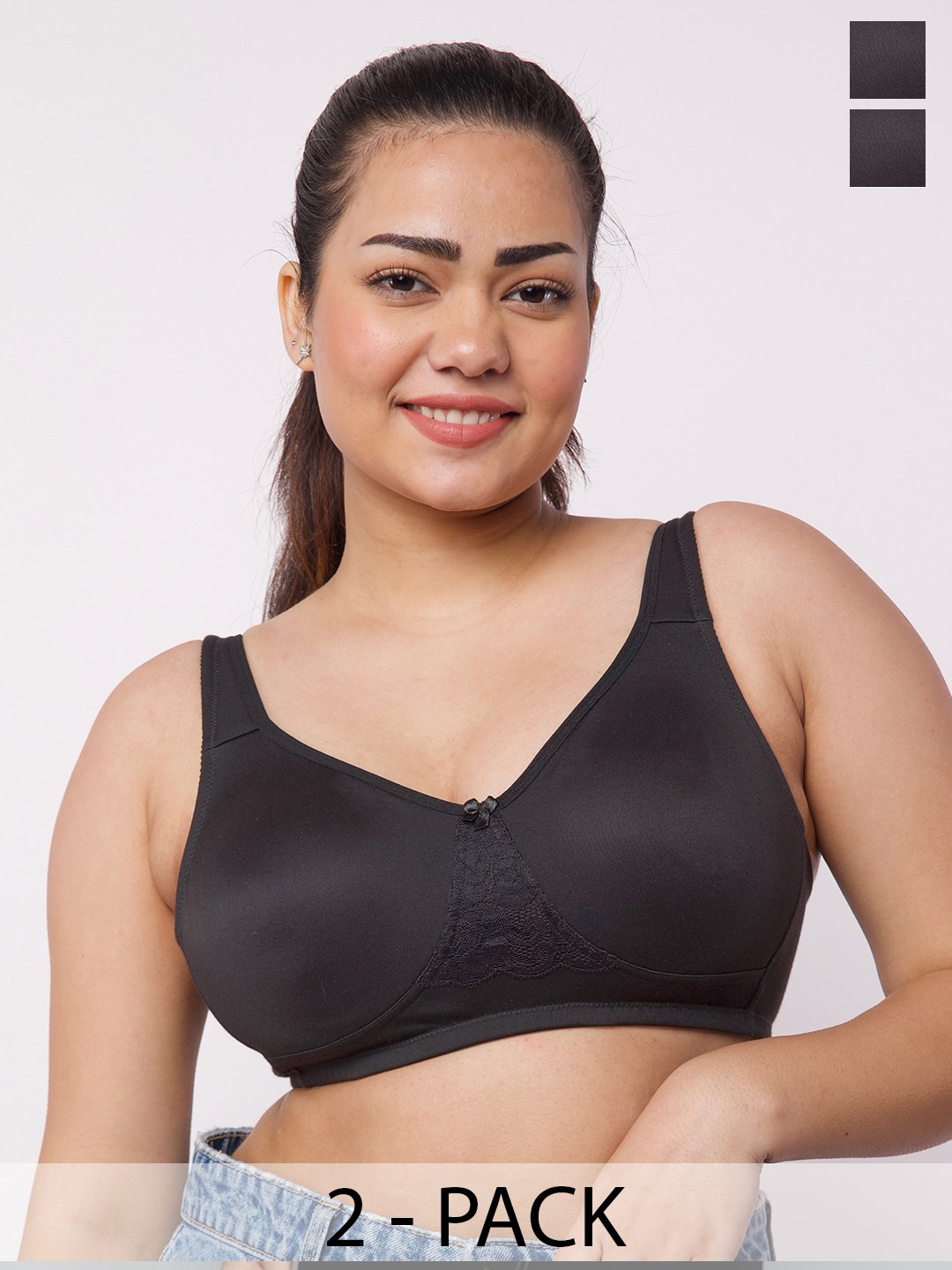 

MAASHIE Pack of 2 Double Layered Concealed Cups Lace T-Shirt Bra CHR-CHR, Charcoal