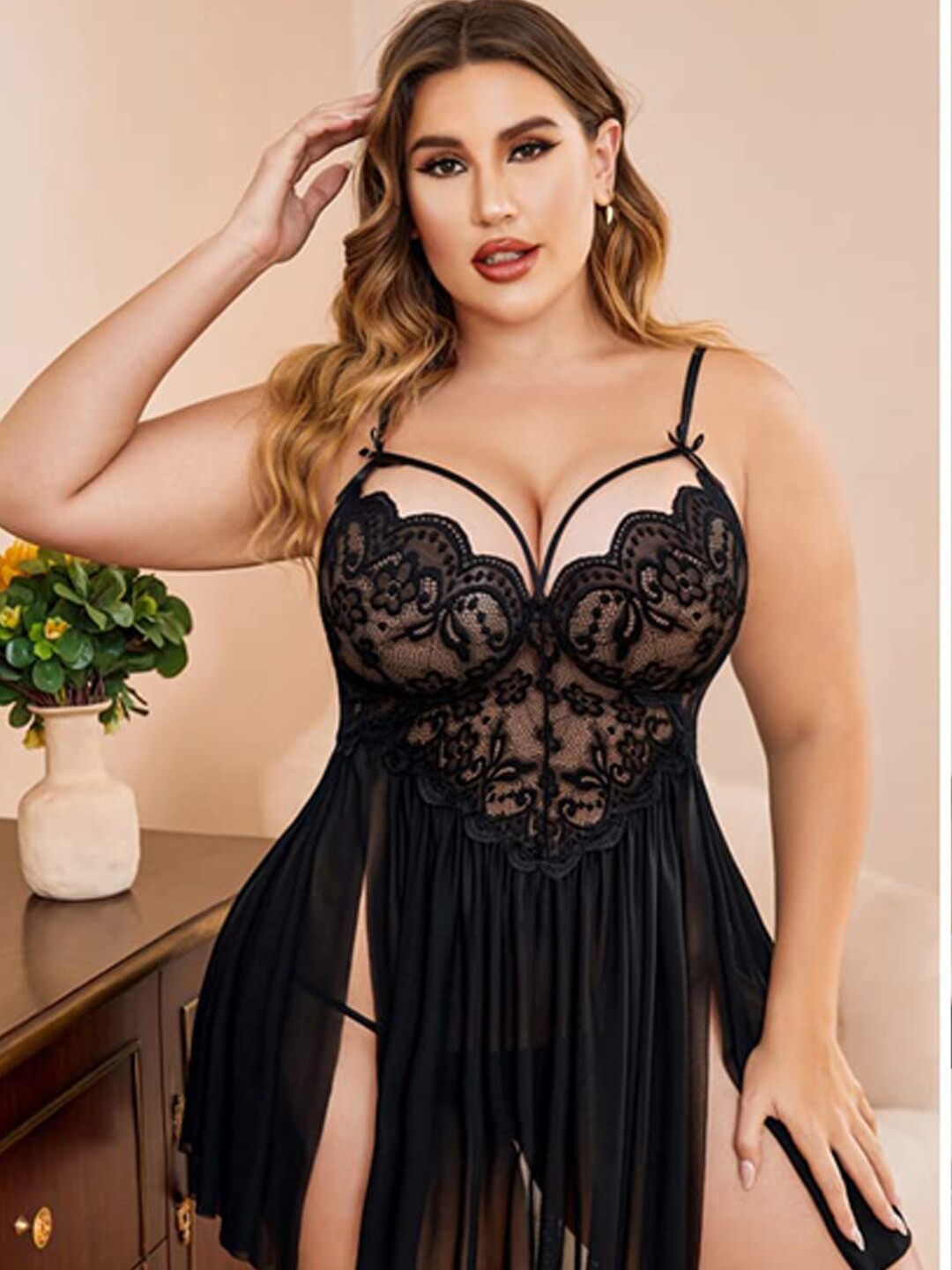 

Xivir Plus Size Shoulder Straps Floral Self Design Baby Doll, Black