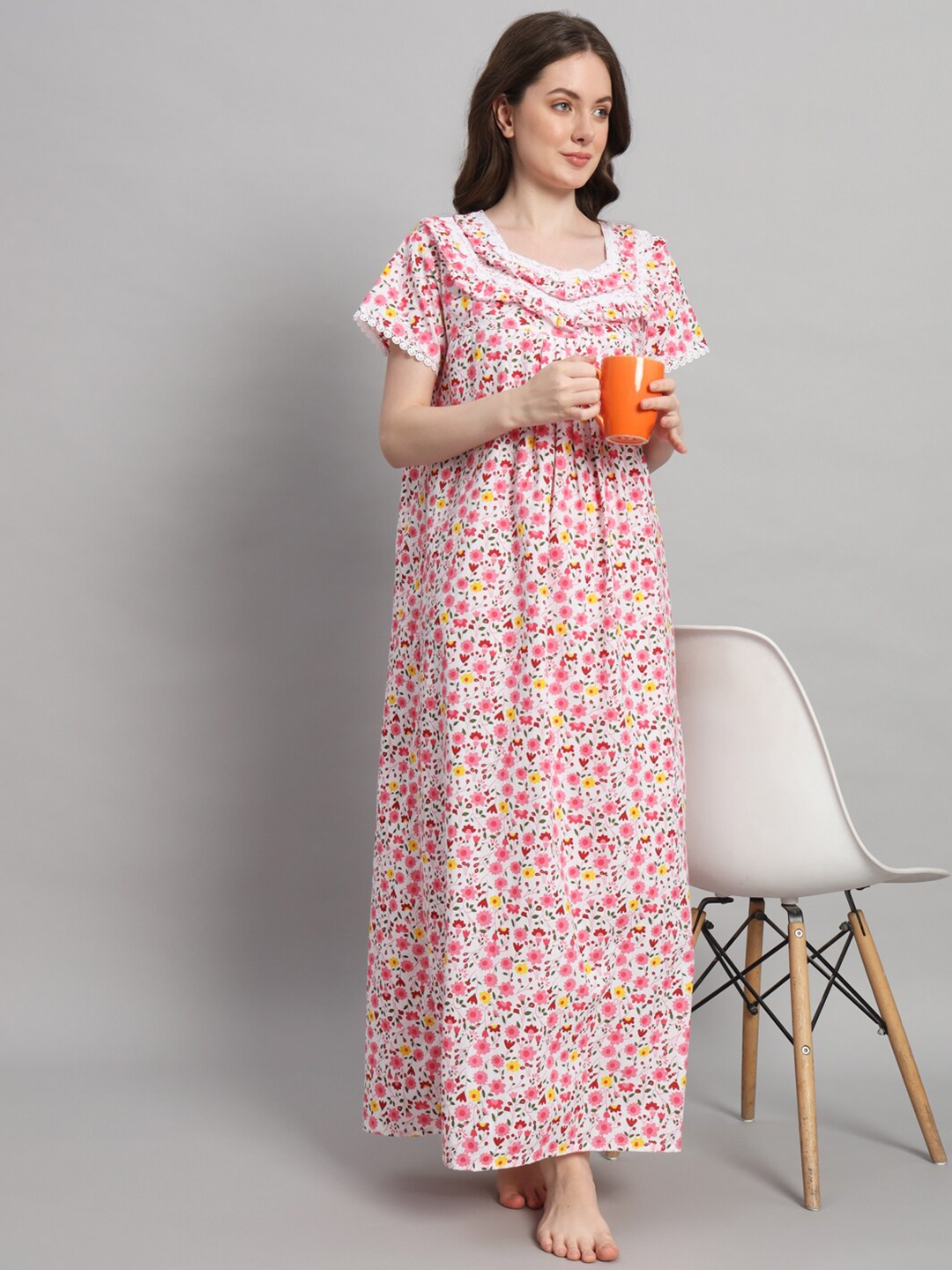 

SEPHANI Floral Printed Square Neck Pure Cotton Maxi Nightdress, White