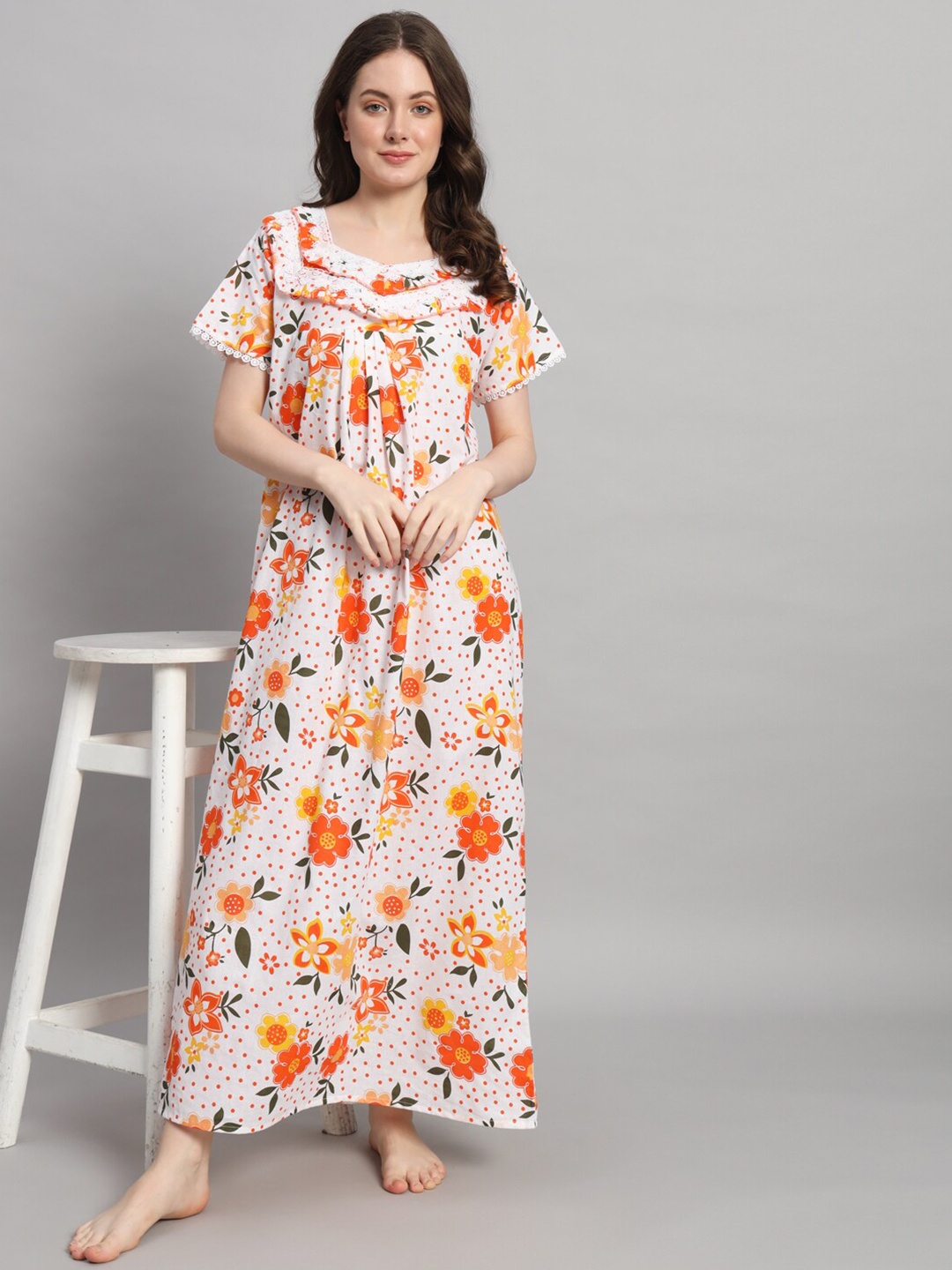 

SEPHANI Floral Printed Square Neck Pure Cotton Maxi Nightdress, Orange