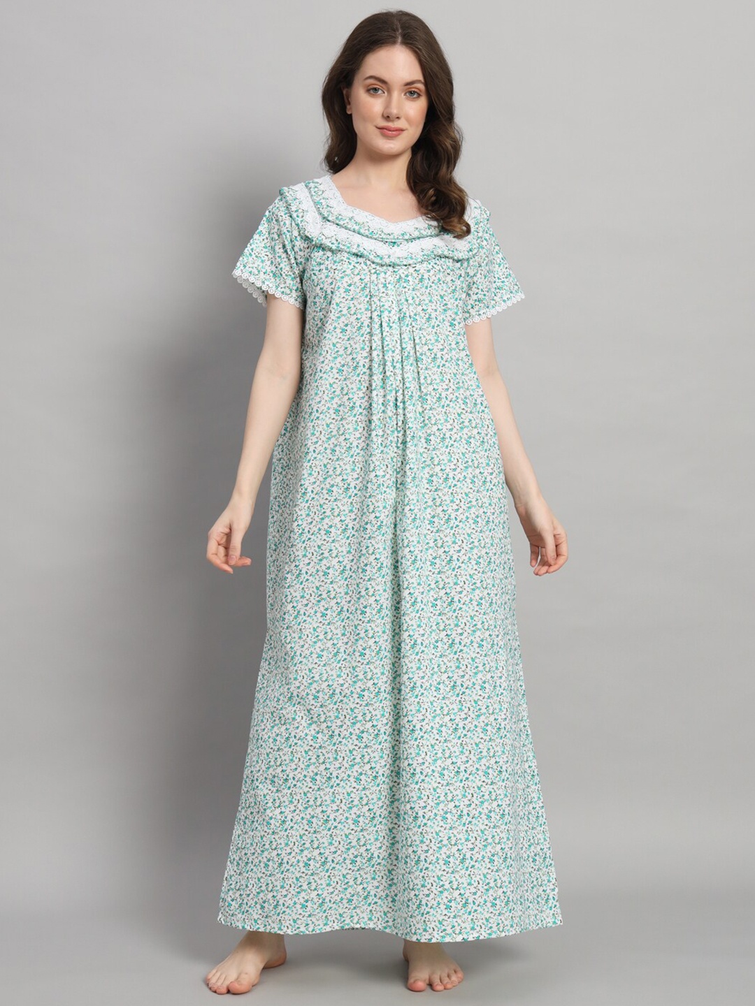 

SEPHANI Floral Printed Square Neck Pure Cotton Maxi Nightdress, Green