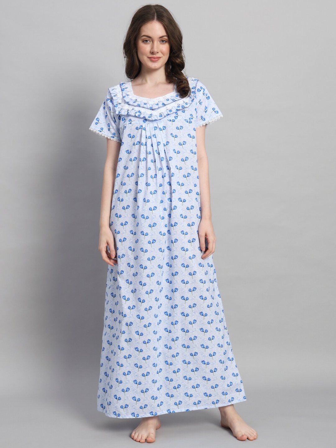 

SEPHANI Floral Printed Square Neck Pure Cotton Maxi Nightdress, Blue