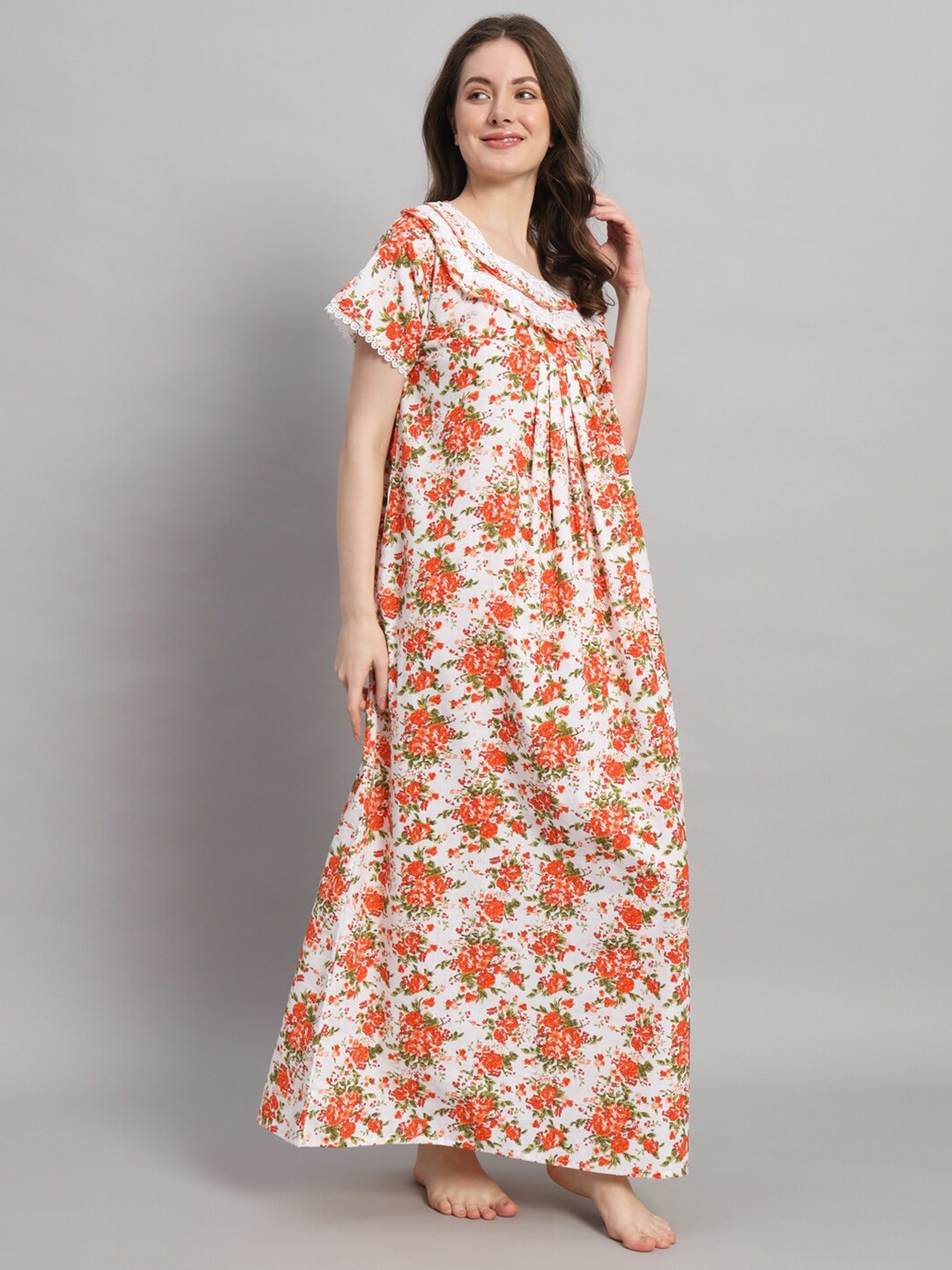 

SEPHANI Floral Printed Square Neck Pure Cotton Maxi Nightdress, White