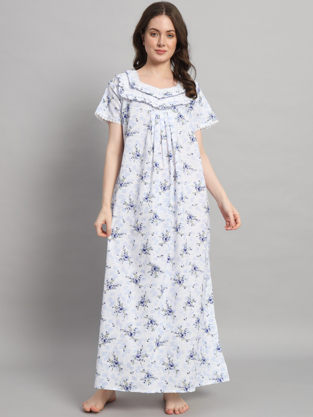 

SEPHANI Floral Printed Square Neck Pure Cotton Maxi Nightdress, White