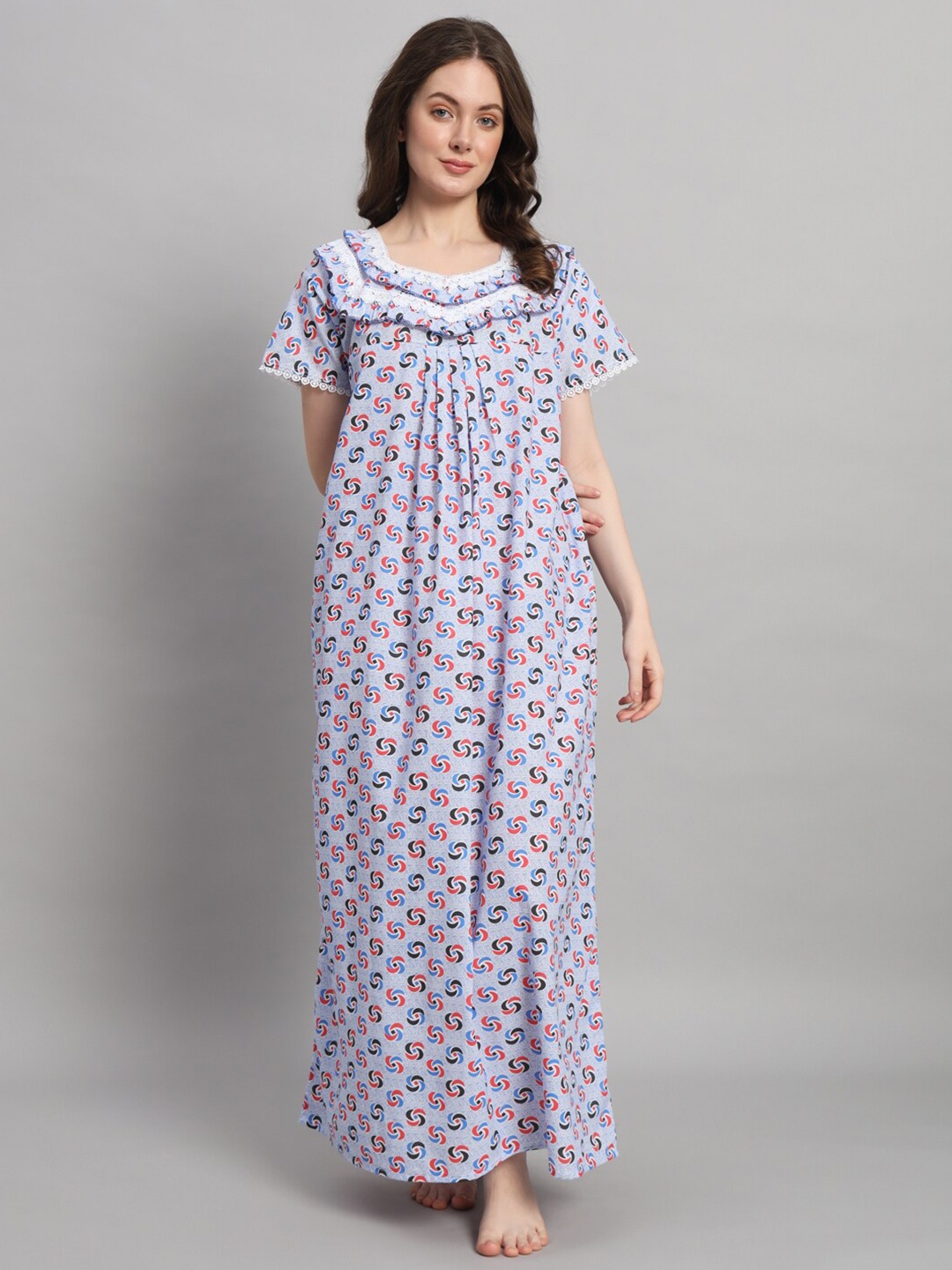 

SEPHANI Floral Printed Square Neck Pure Cotton Maxi Nightdress, Blue
