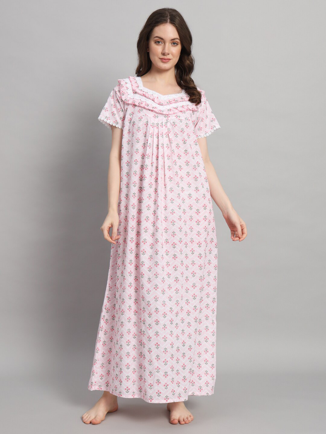 

SEPHANI Floral Printed Square Neck Cotton Maxi Nightdress, Pink