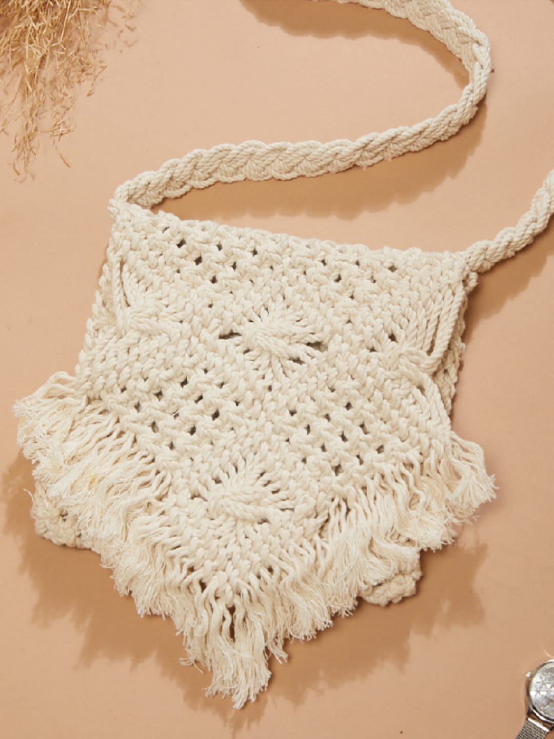 

IMARS Self Designed Fringed Structured Shoulder Bag, White