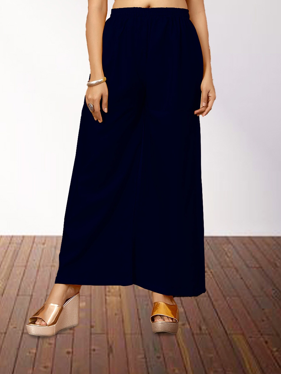 

N N ENTERPRISE Women Crepe Straight Palazzos, Navy blue