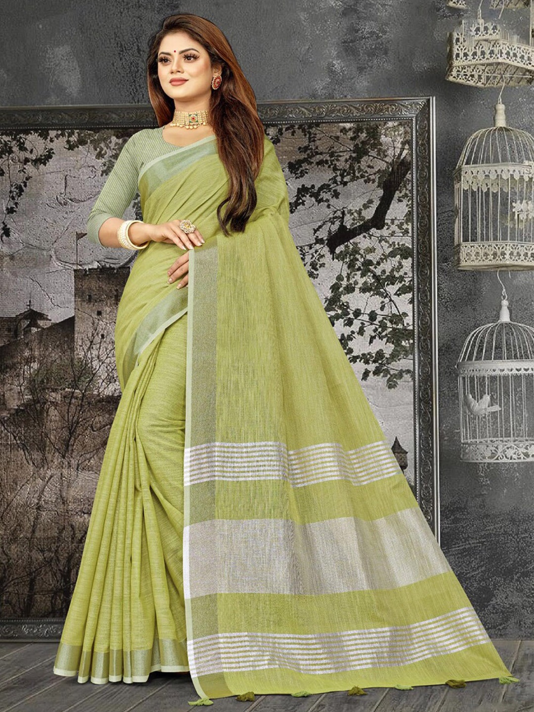 

Ishin Striped Zari Saree, Green