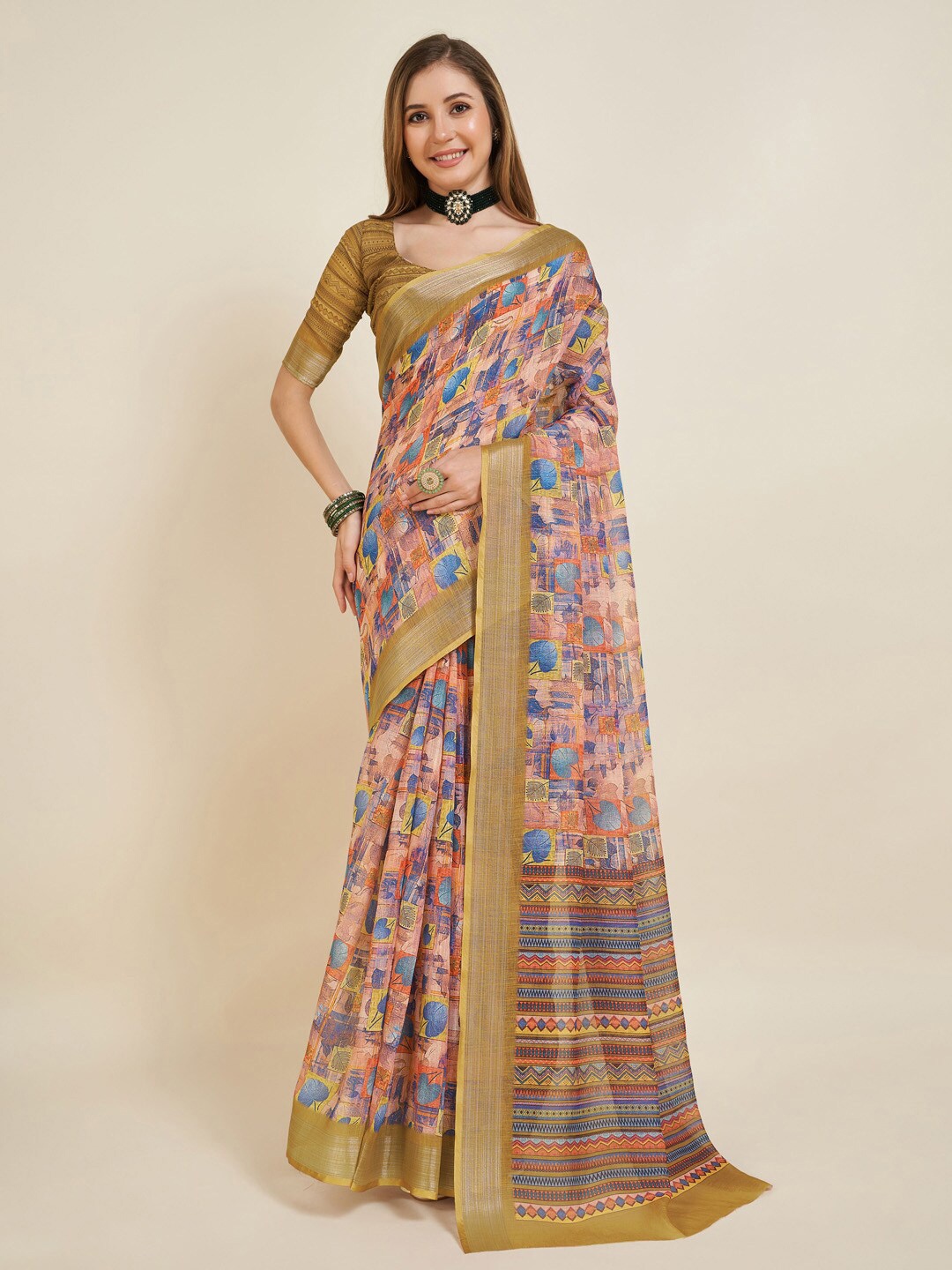 

Ishin Floral Printed Zari Saree, Pink