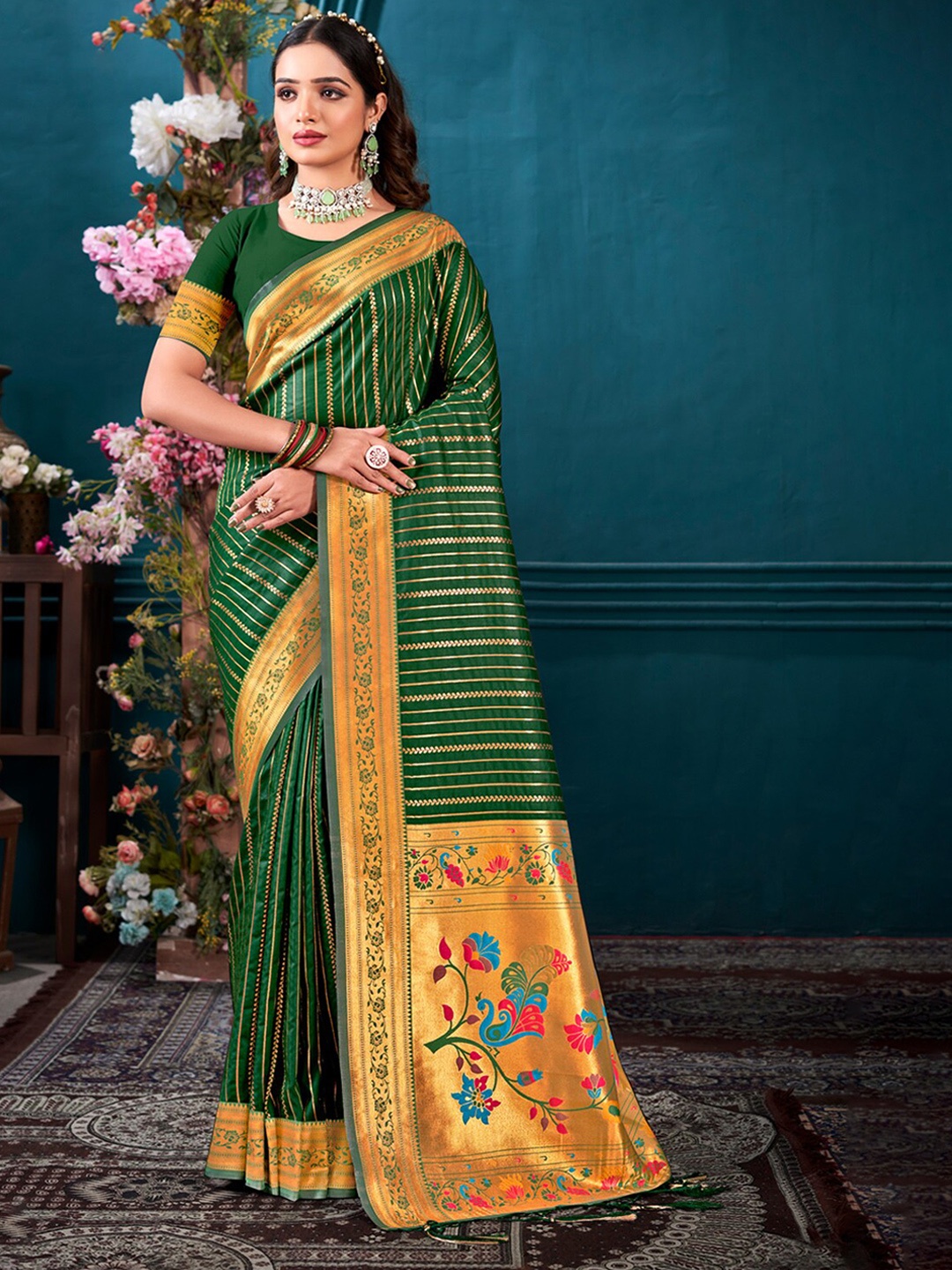 

Ishin Ethnic Woven Design Zari Paithani Saree, Green