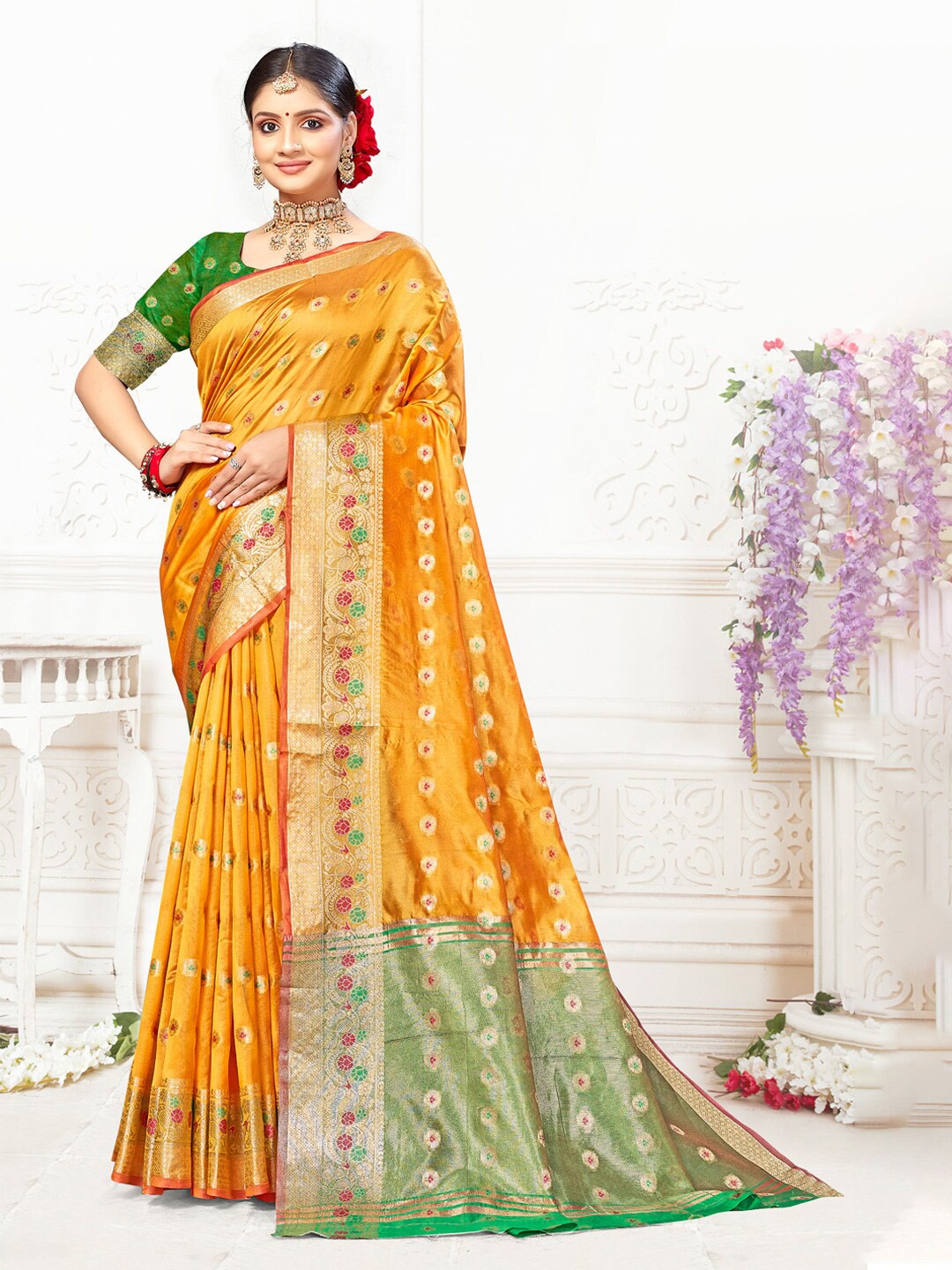 

Ishin Floral Woven Design Zari Saree, Mustard