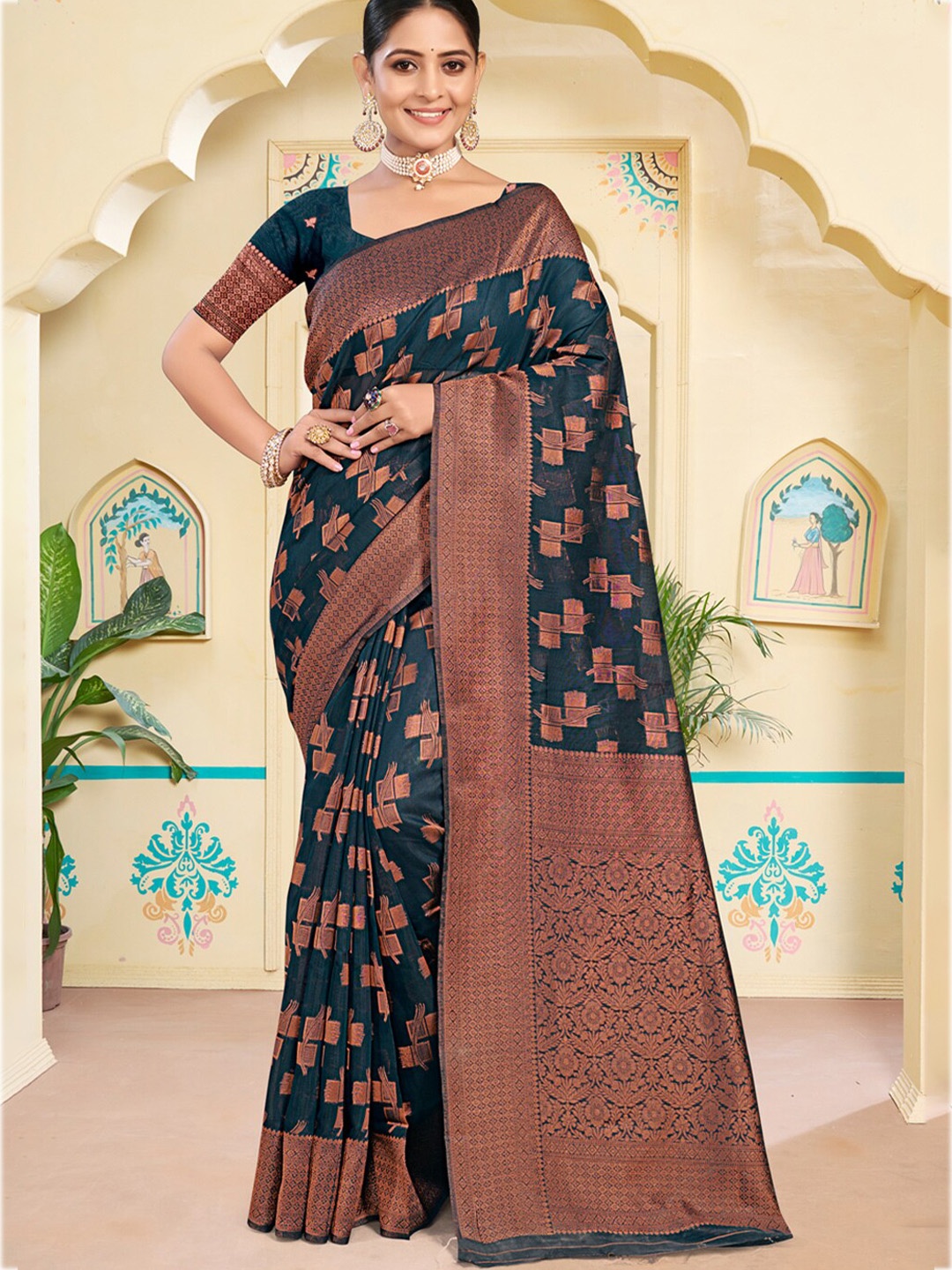 

Ishin Woven Design Zari Saree, Navy blue