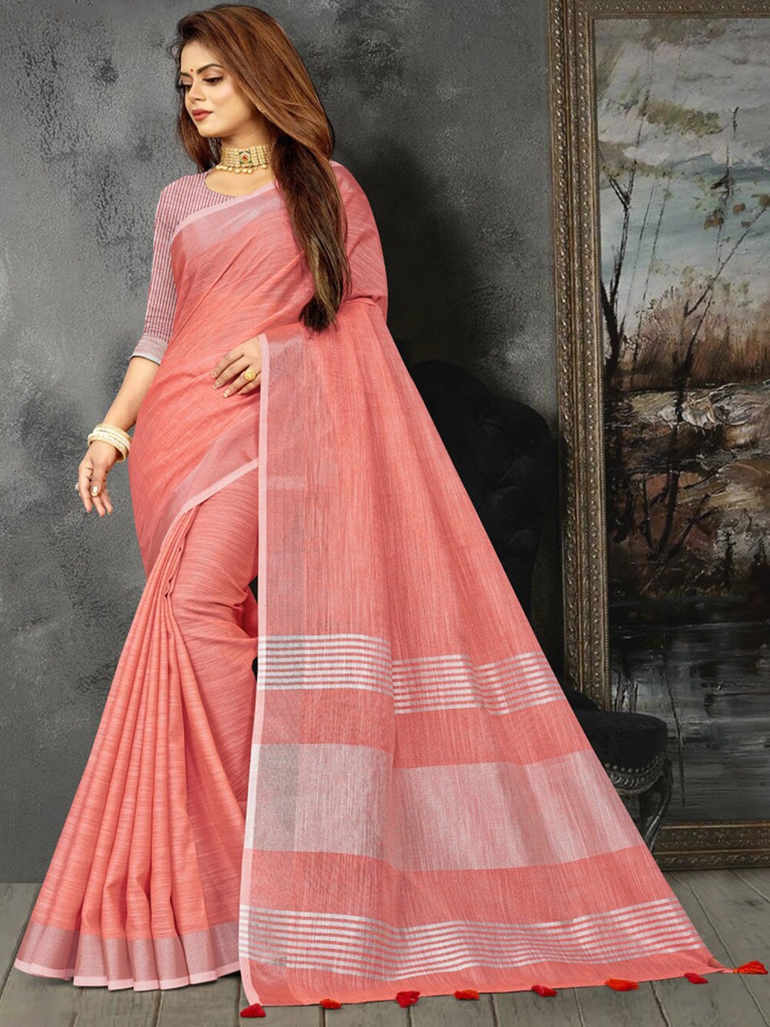 

Ishin Geometric Woven Design Zari Saree, Peach