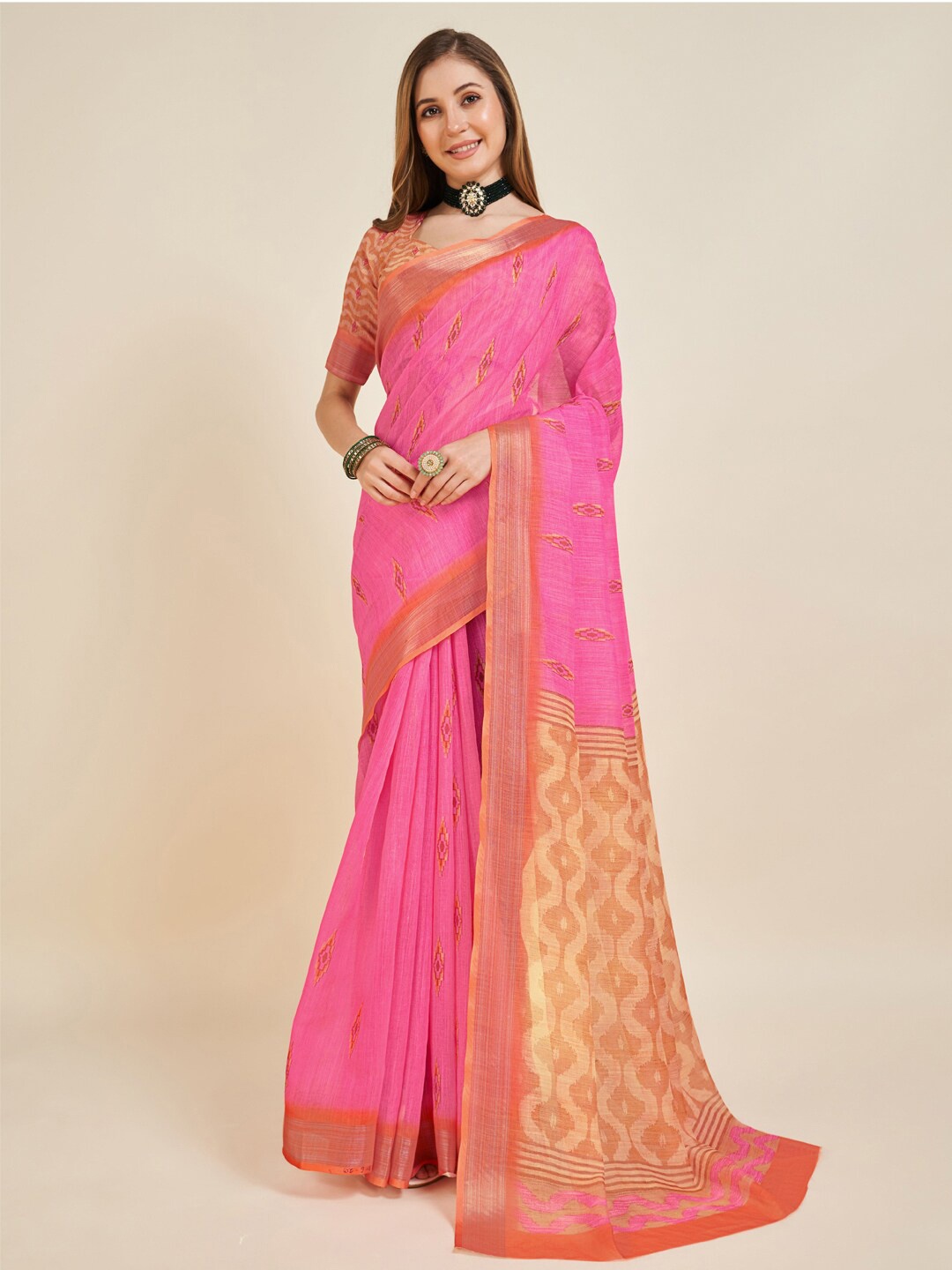 

Ishin Geometric Printed Zari Saree, Pink