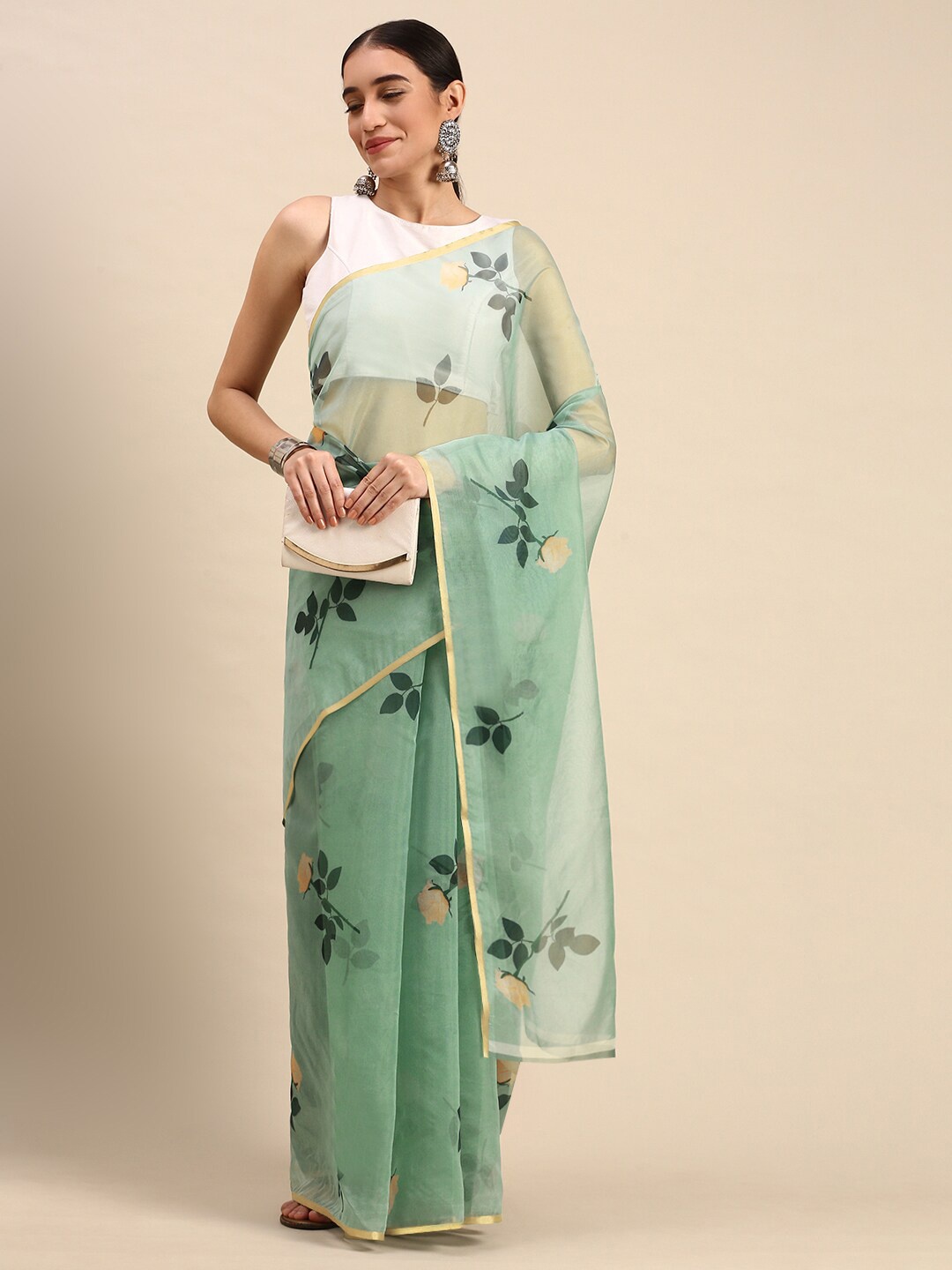 

Ishin Floral Printed Zari Organza Saree, Green