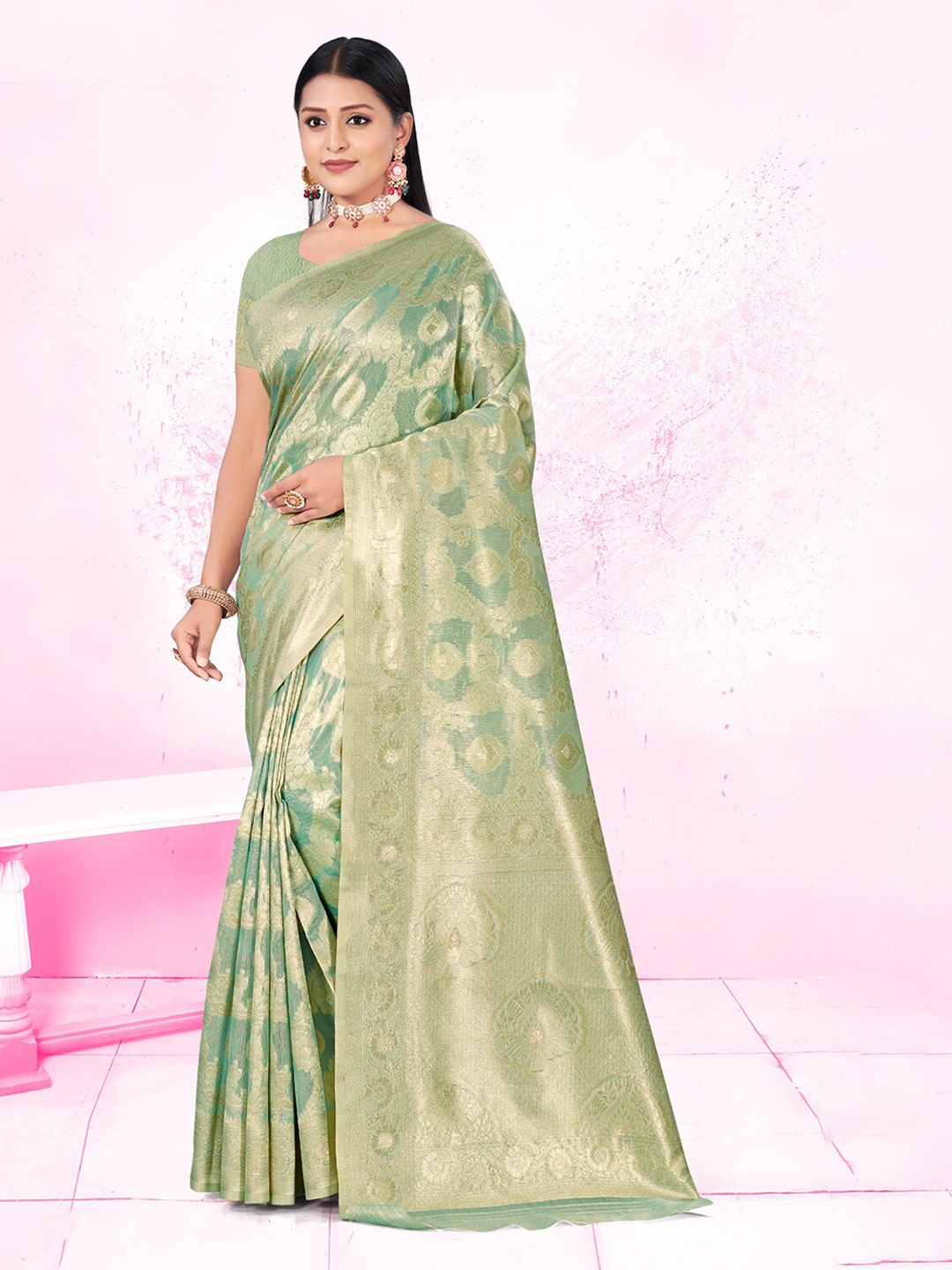 

Ishin Ethnic Motifs Woven Design Zari Saree, Sea green