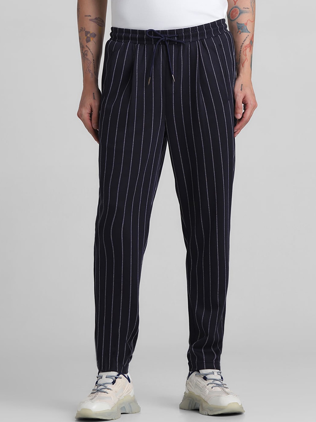 

Jack & Jones Men Striped Slim Fit Pleated Trousers, Blue