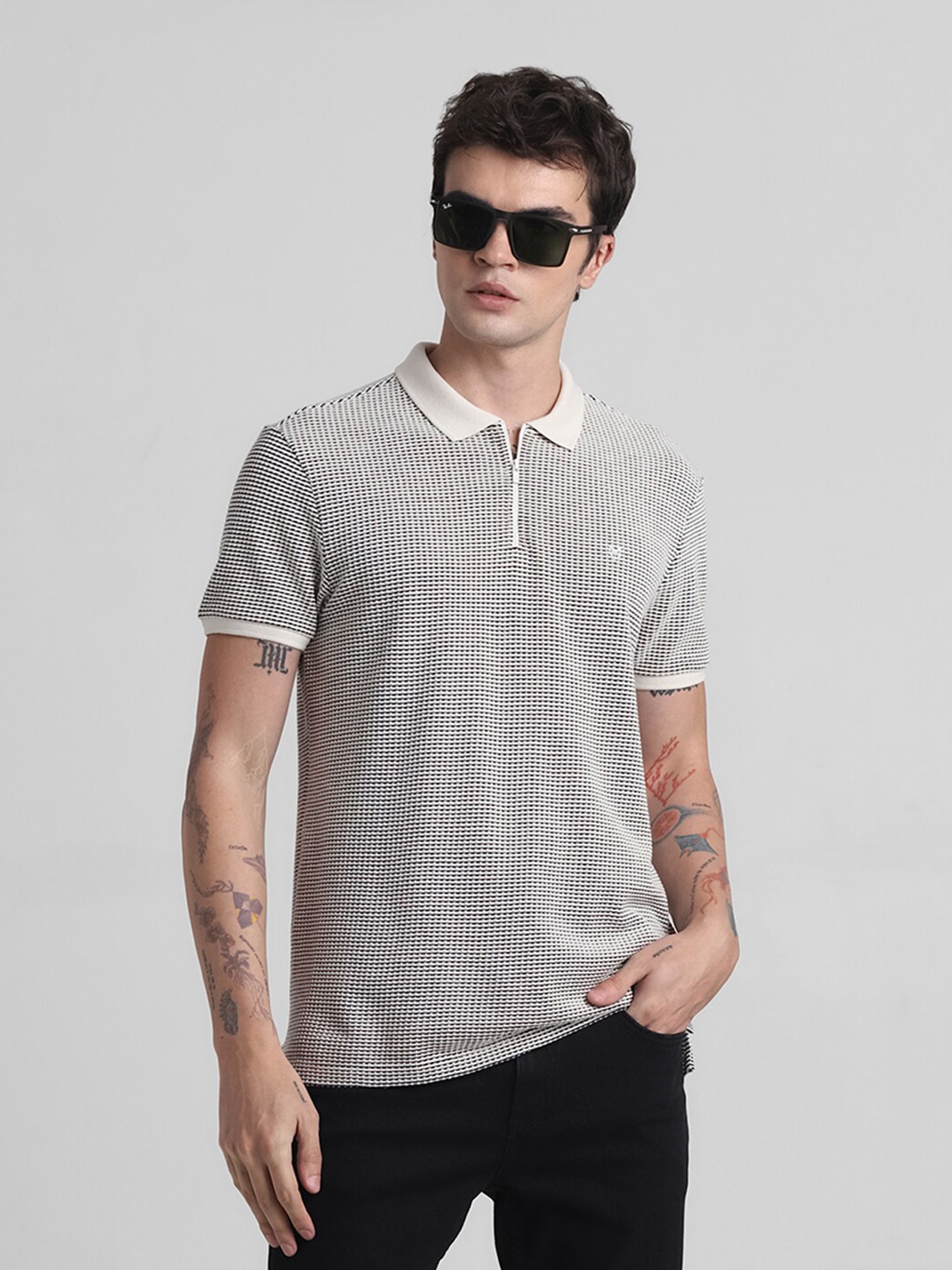 

Jack & Jones Men Striped Polo Collar Pockets T-shirt, Beige