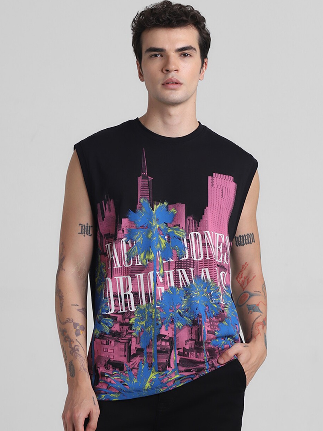 

Jack & Jones Printed Pure Cotton Innerwear Vest, Black