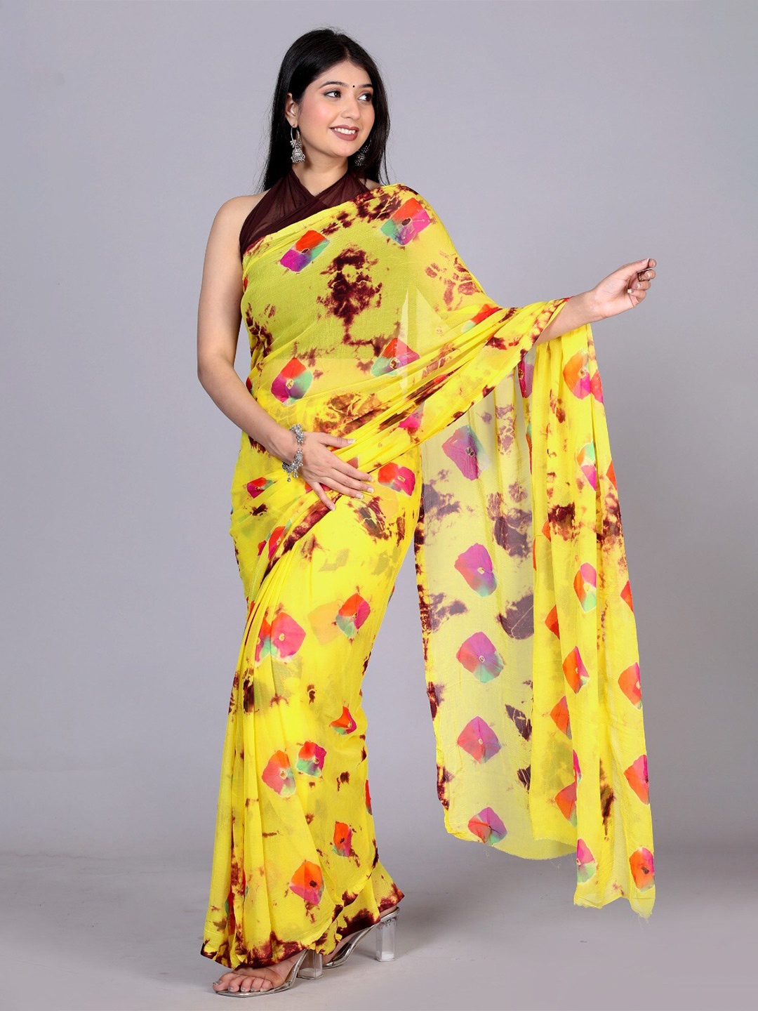 

VL SAREES Floral Pure Chiffon Block Print Saree, Yellow