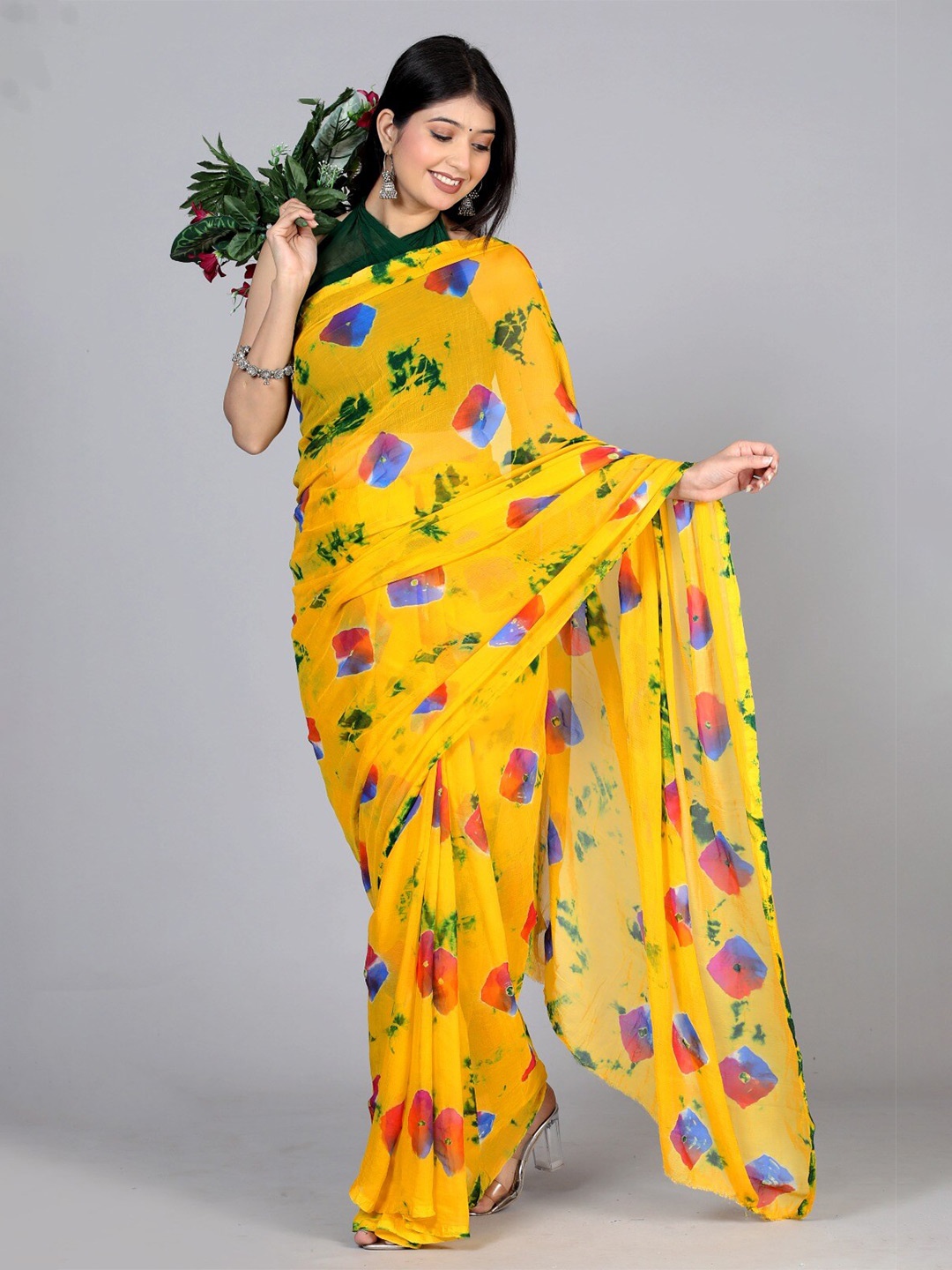 

VL SAREES Floral Pure Chiffon Block Print Saree, Yellow