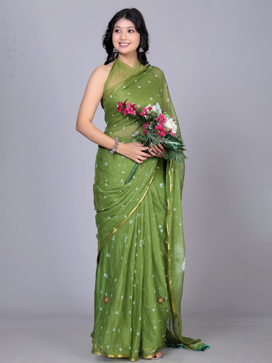 

VL SAREES Bandhani Beads and Stones Pure Chiffon Block Print Saree, Green