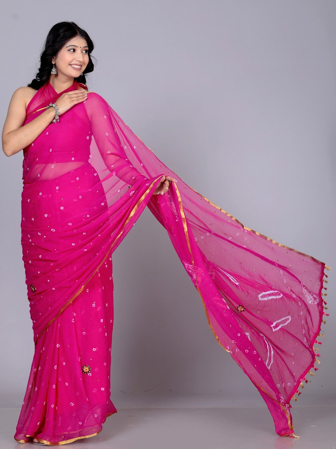 

VL SAREES Tie and Dye Zari Pure Chiffon Block Print Saree, Pink