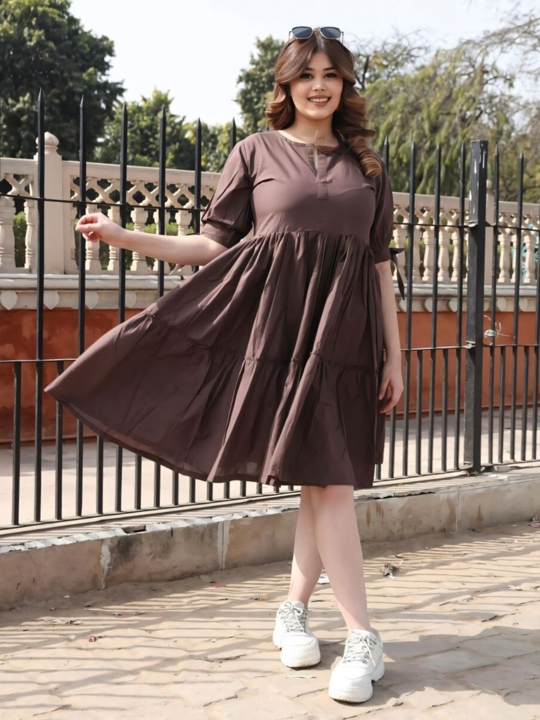 

Swadeshi Shringaar Puff Sleeves Tiered Pure Cotton Fit & Flare Dress, Brown