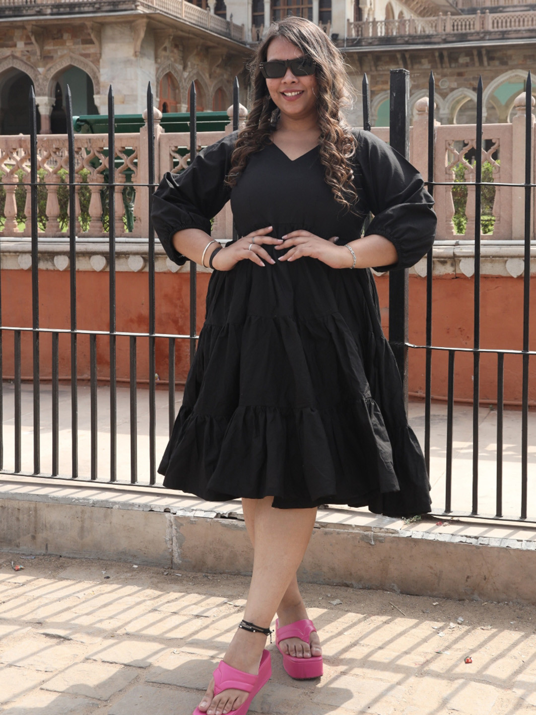 

Swadeshi Shringaar Puff Sleeves Cotton Tired Fit and Flare Dress, Black