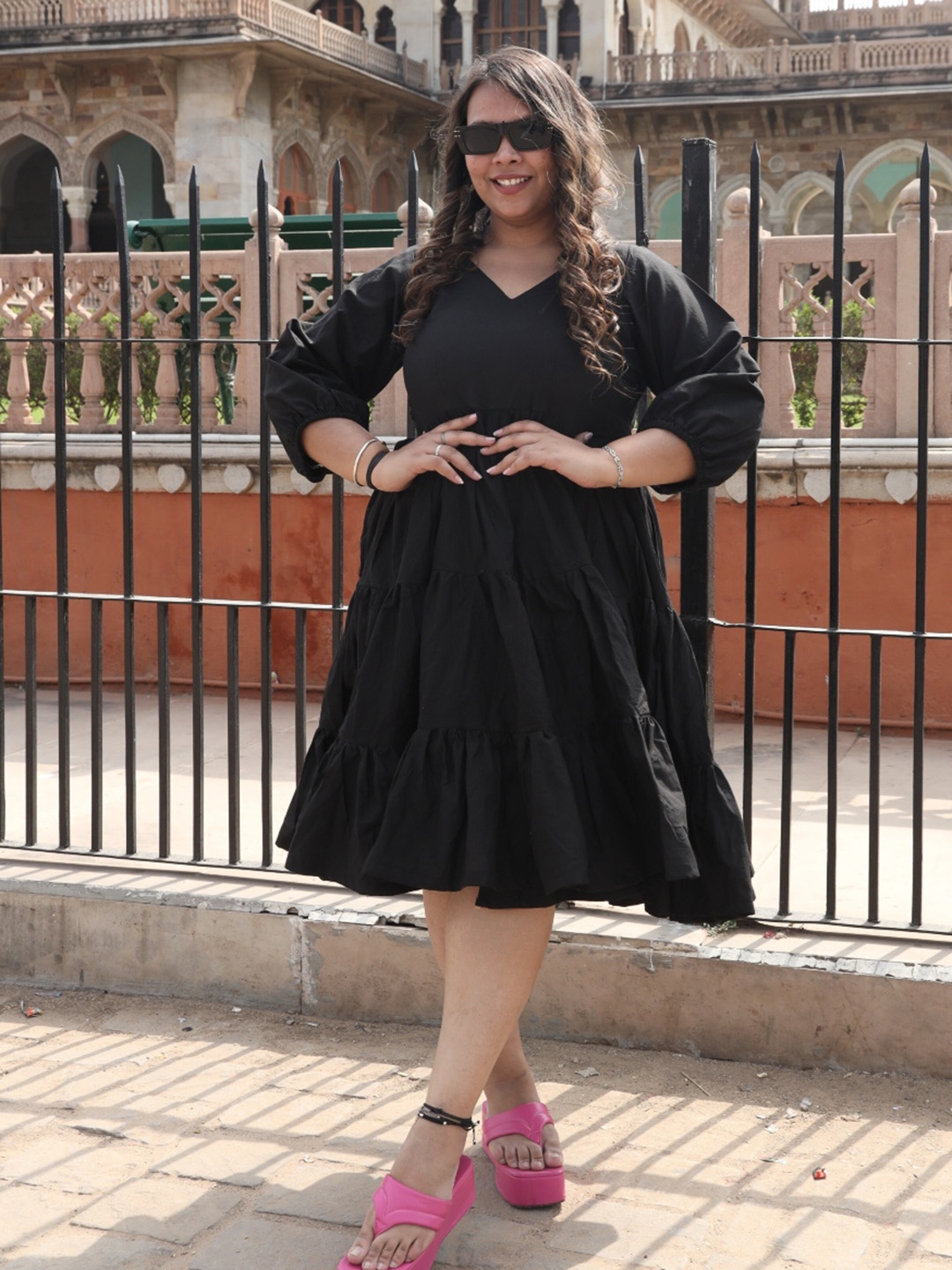 

Swadeshi Shringaar Plus Size Pure Cotton Tiered Fit & Flare Dress, Black