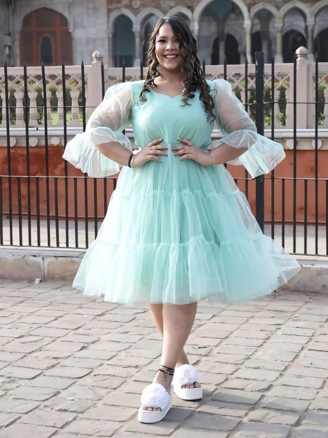 Swadeshi Shringaar Plus Size Tiered Fit & Flare Dress, Turquoise blue