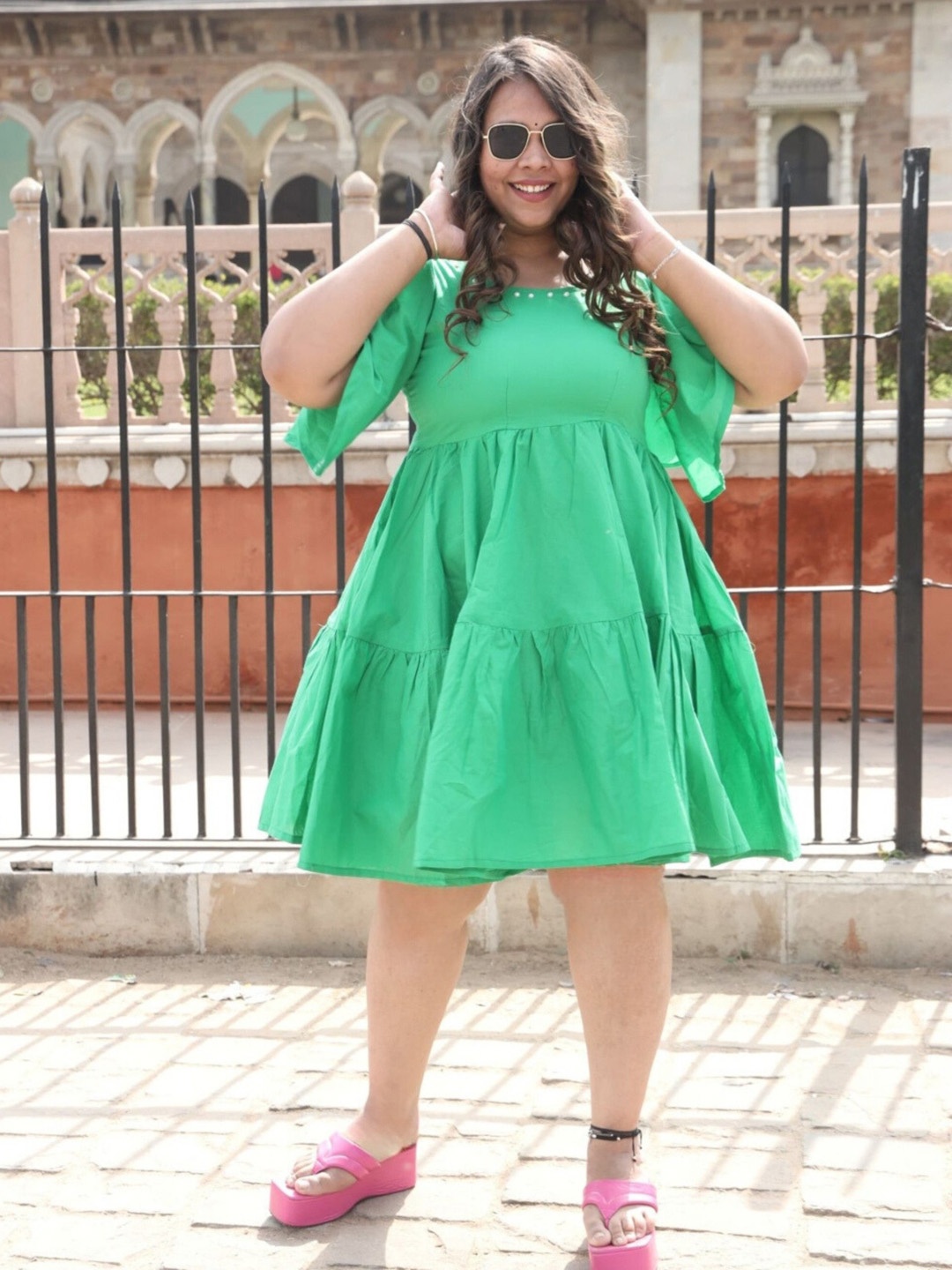 

Swadeshi Shringaar Plus Size Pure Cotton Tiered Fit & Flare Dress, Green
