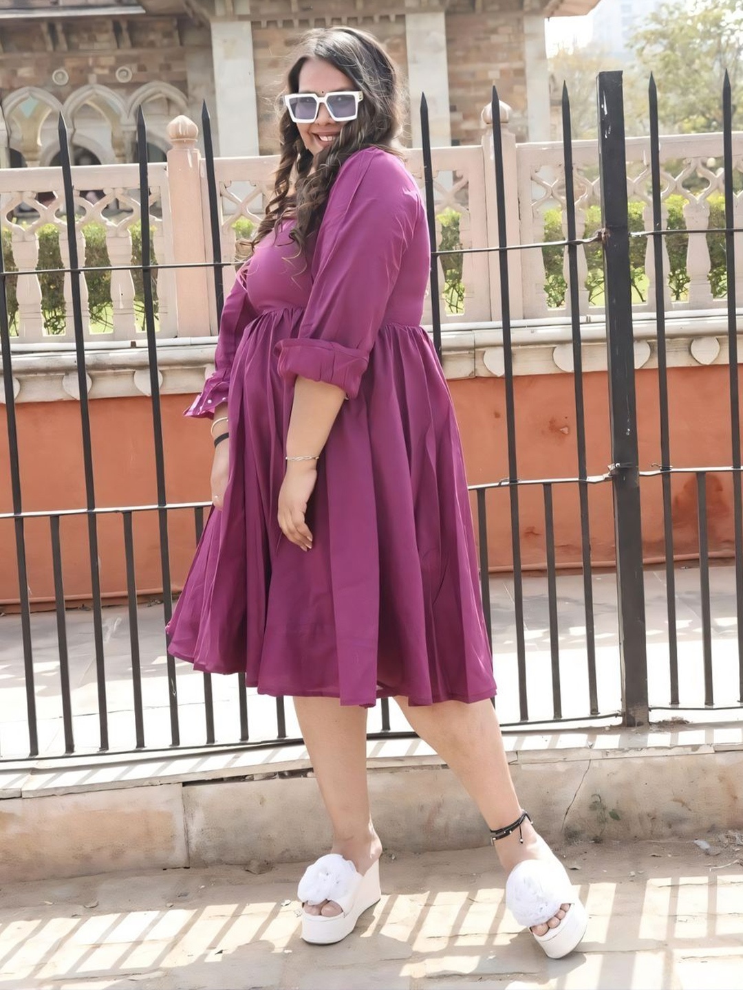 

Swadeshi Shringaar Puff Sleeves Gathered Pure Cotton Fit & Flare Midi Dress, Purple