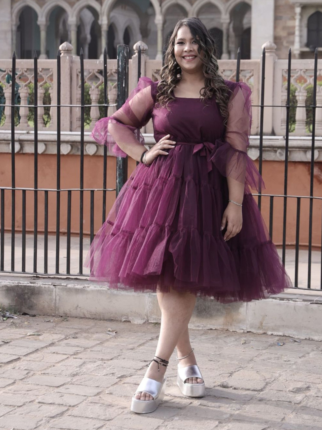 

Swadeshi Shringaar Square Neck Tiered Net Fit & Flare Dress, Burgundy