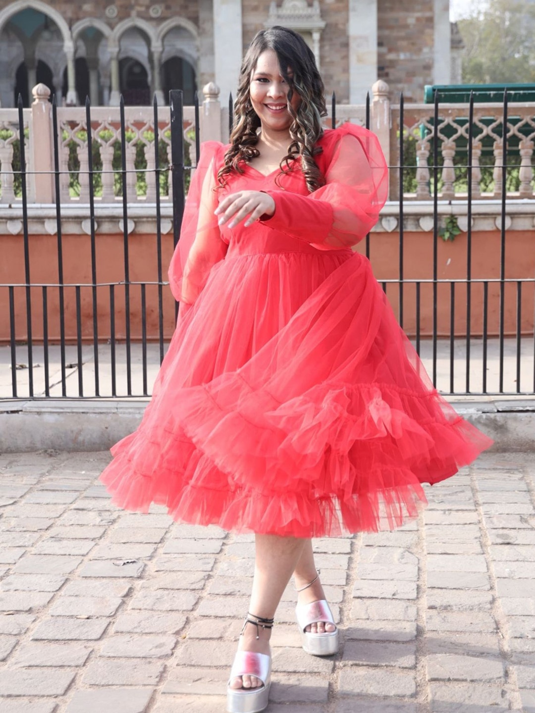 

Swadeshi Shringaar Plus Size Cuffed Sleeves Net Fit & Flare Dress, Red