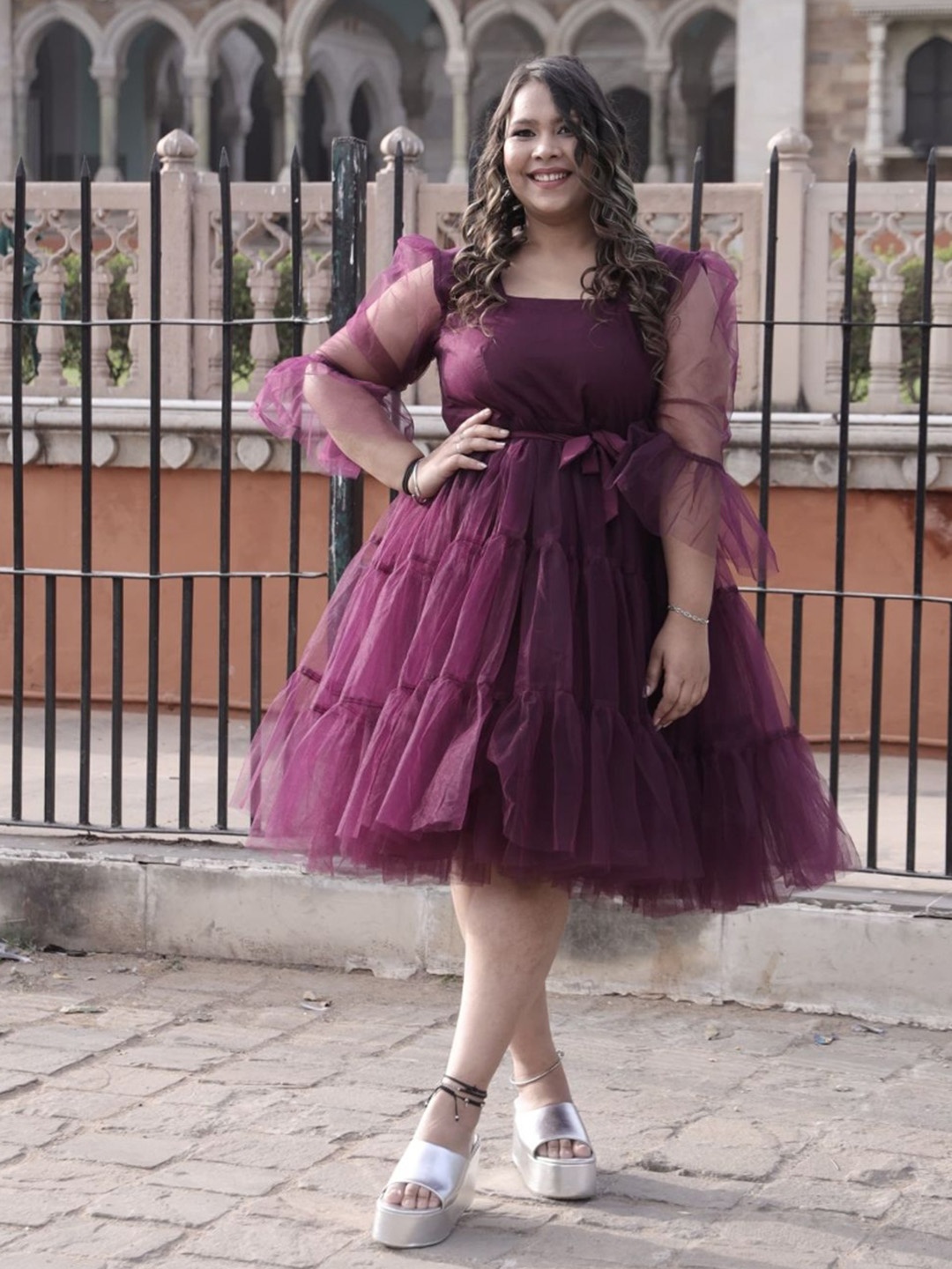 Swadeshi Shringaar Plus Size Square Neck Tiered Net Fit & Flare Dress, Burgundy