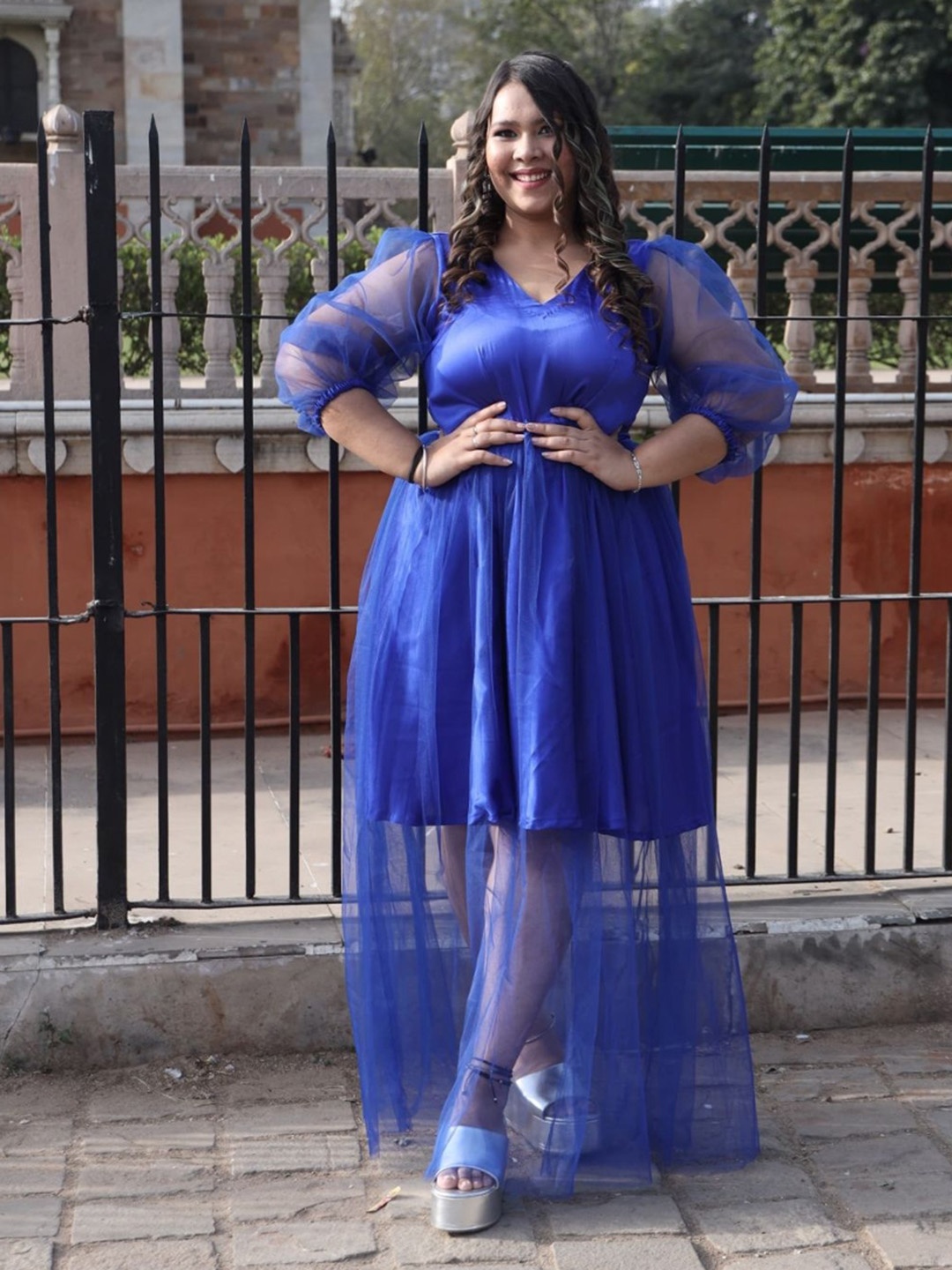

Swadeshi Shringaar Plus Size Puff Sleeve Fit & Flare Maxi Dress, Blue