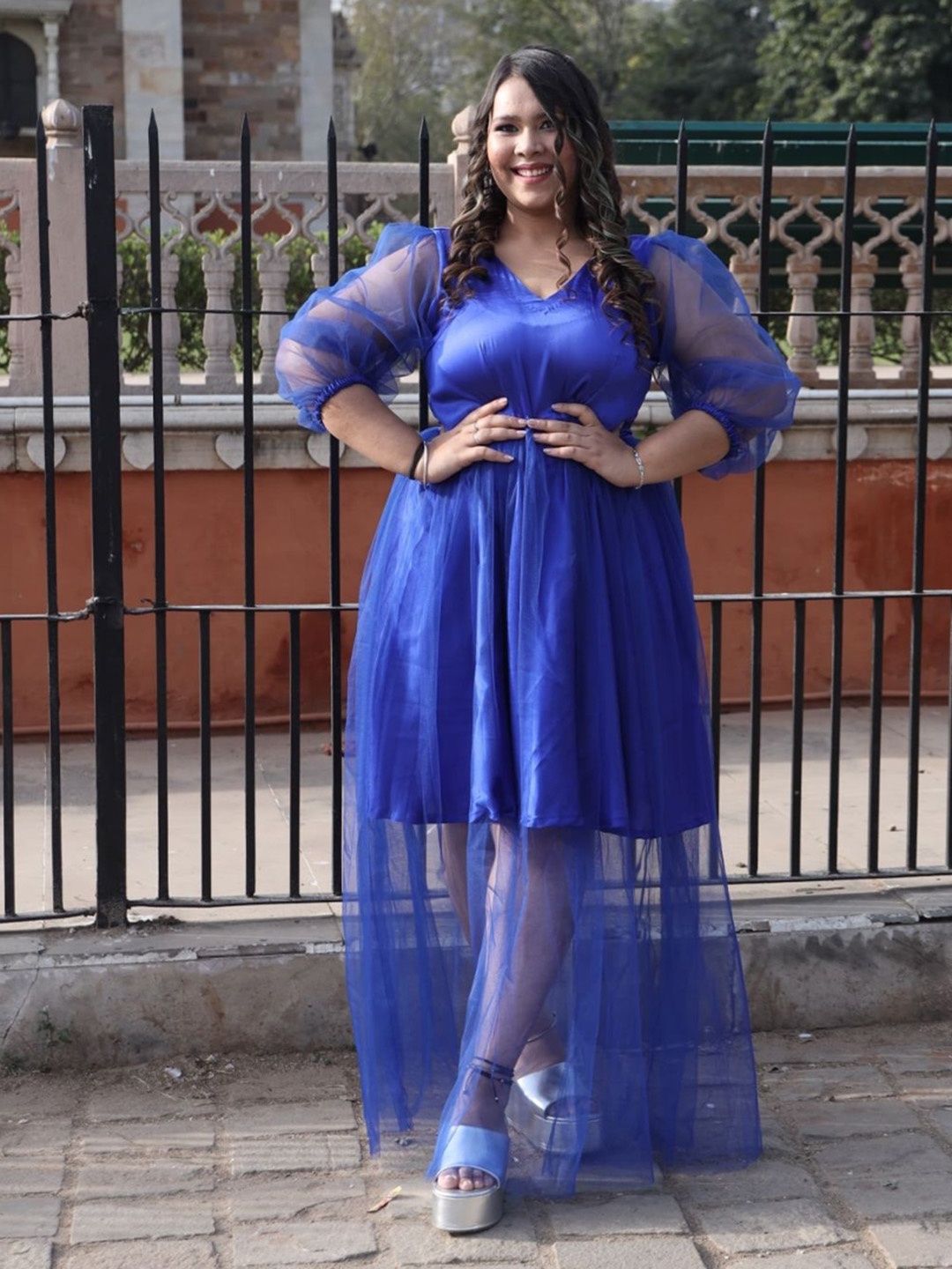 

Swadeshi Shringaar Puff Sleeves Fit & Flare Maxi Dress, Blue