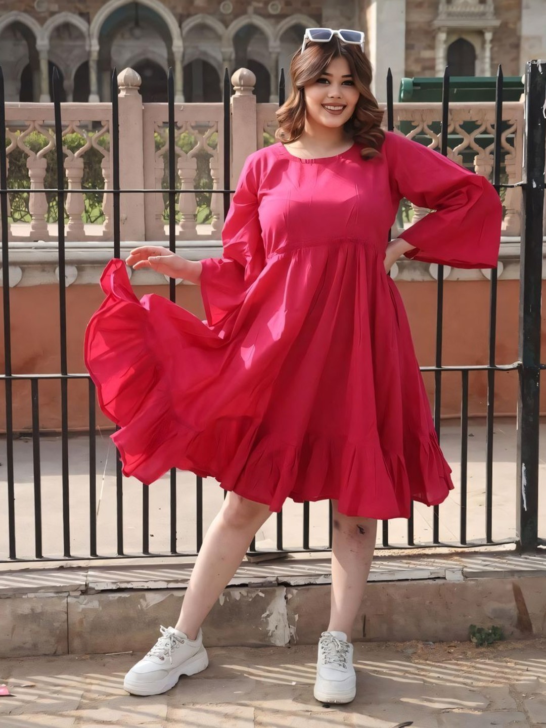 

Swadeshi Shringaar Pleated Pure Cotton Fit & Flare Midi Dress, Pink