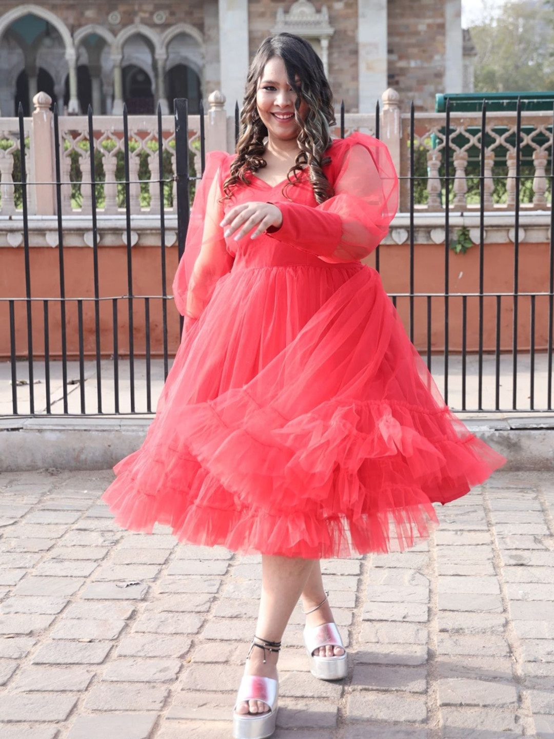 

Swadeshi Shringaar Plus Size V-Neck Cuffed Sleeves Gathered Fit & Flare Dress, Red